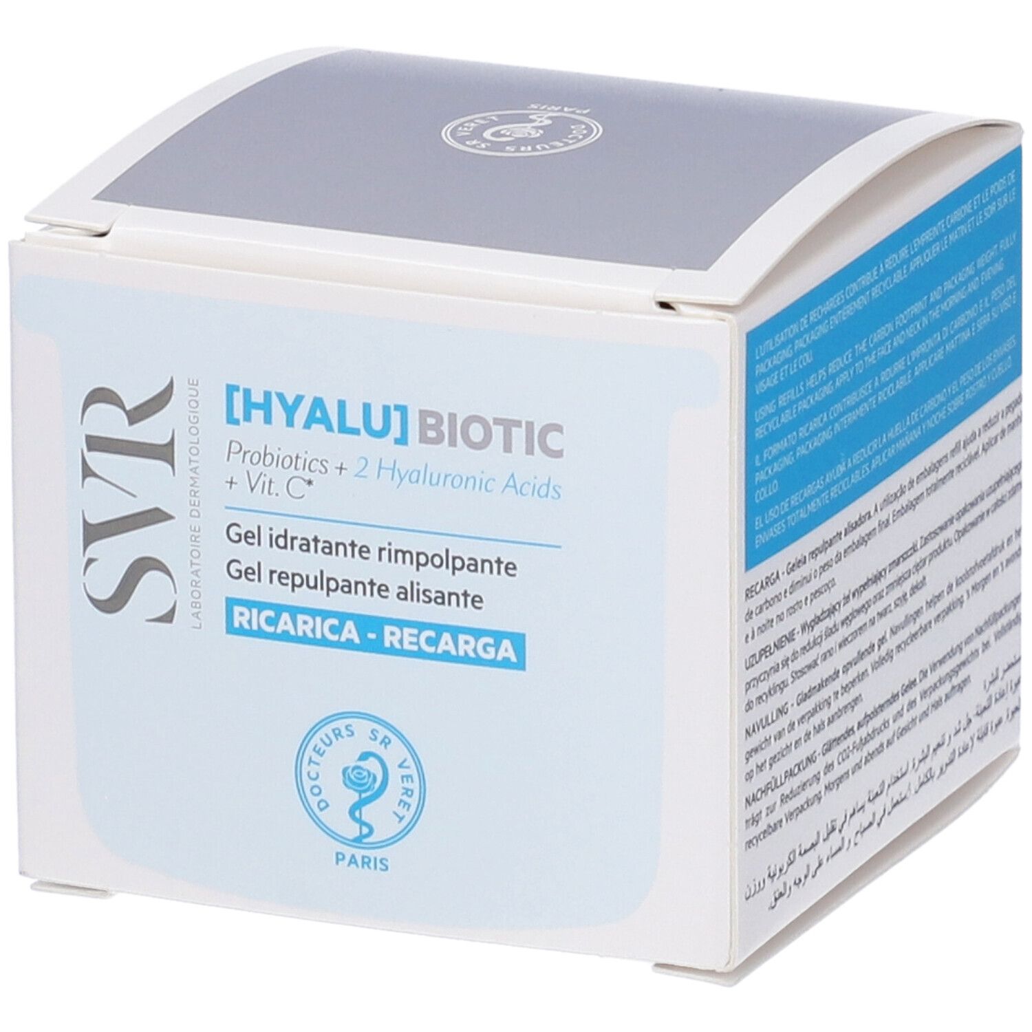Confezione in cartone di [HYALU] BIOTIC. Testo: Gel idratante rimpolpante. RICARICA - RECARGA.
