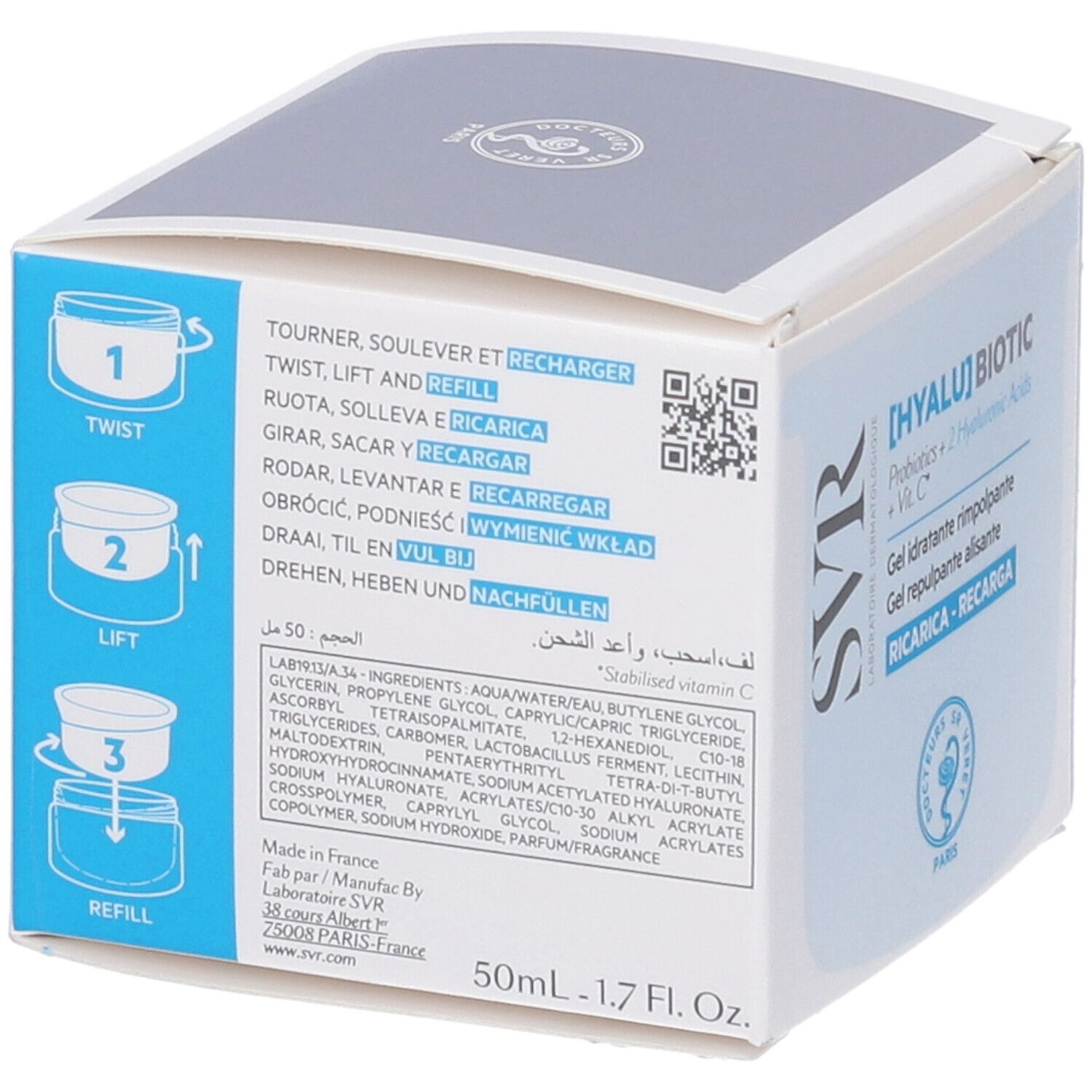 Lato della confezione [HYALU] BIOTIC. Istruzioni per la ricarica. Testo: 50 ml - 1.7 Fl. Oz.