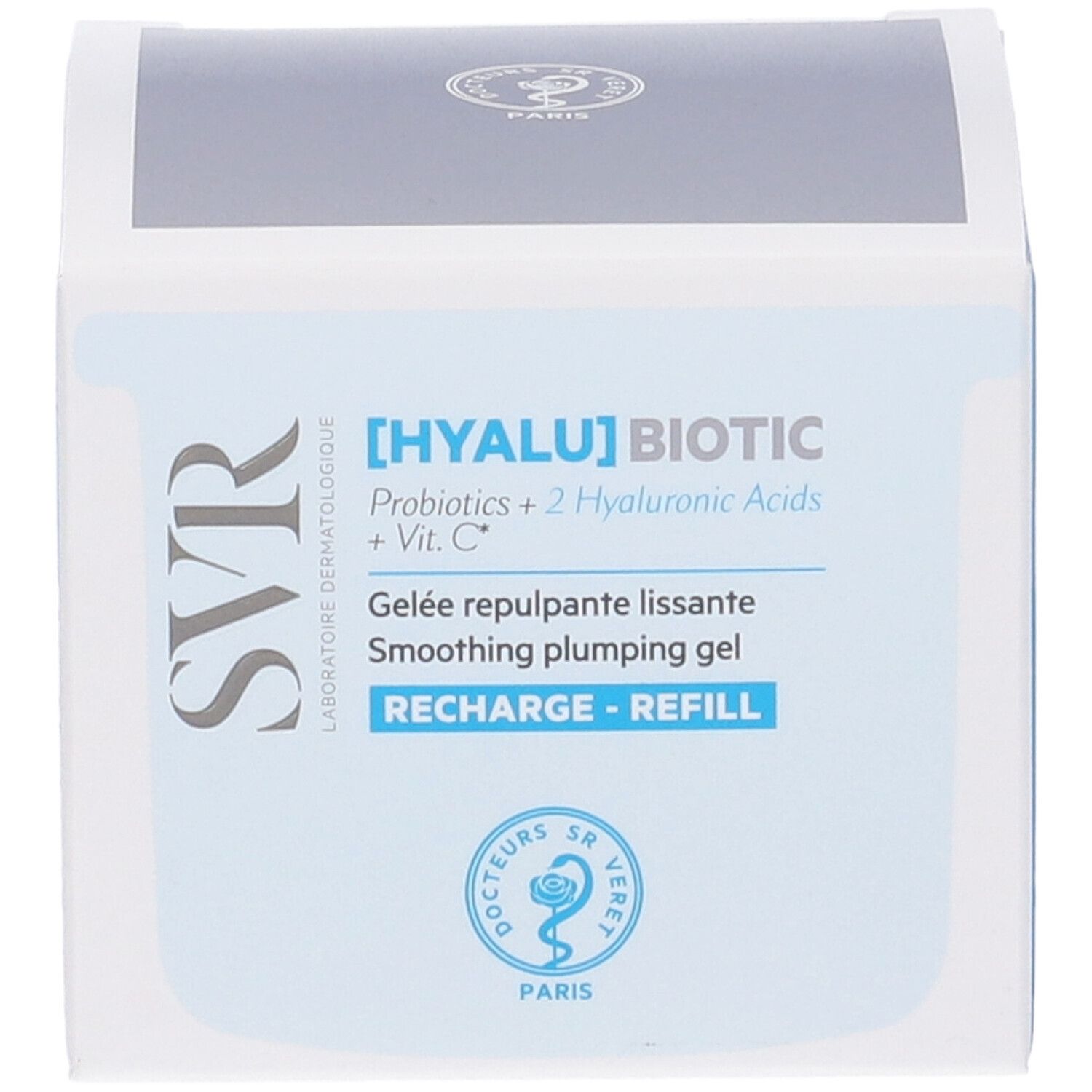 Fronte della confezione [HYALU] BIOTIC. Testo: Gelée repulpante lissante. RECHARGE - REFILL.