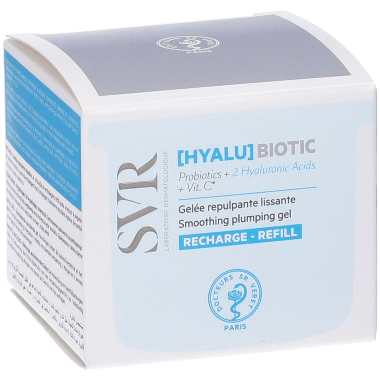 Fronte della confezione [HYALU] BIOTIC. Testo: Gelée repulpante lissante. RECHARGE - REFILL.