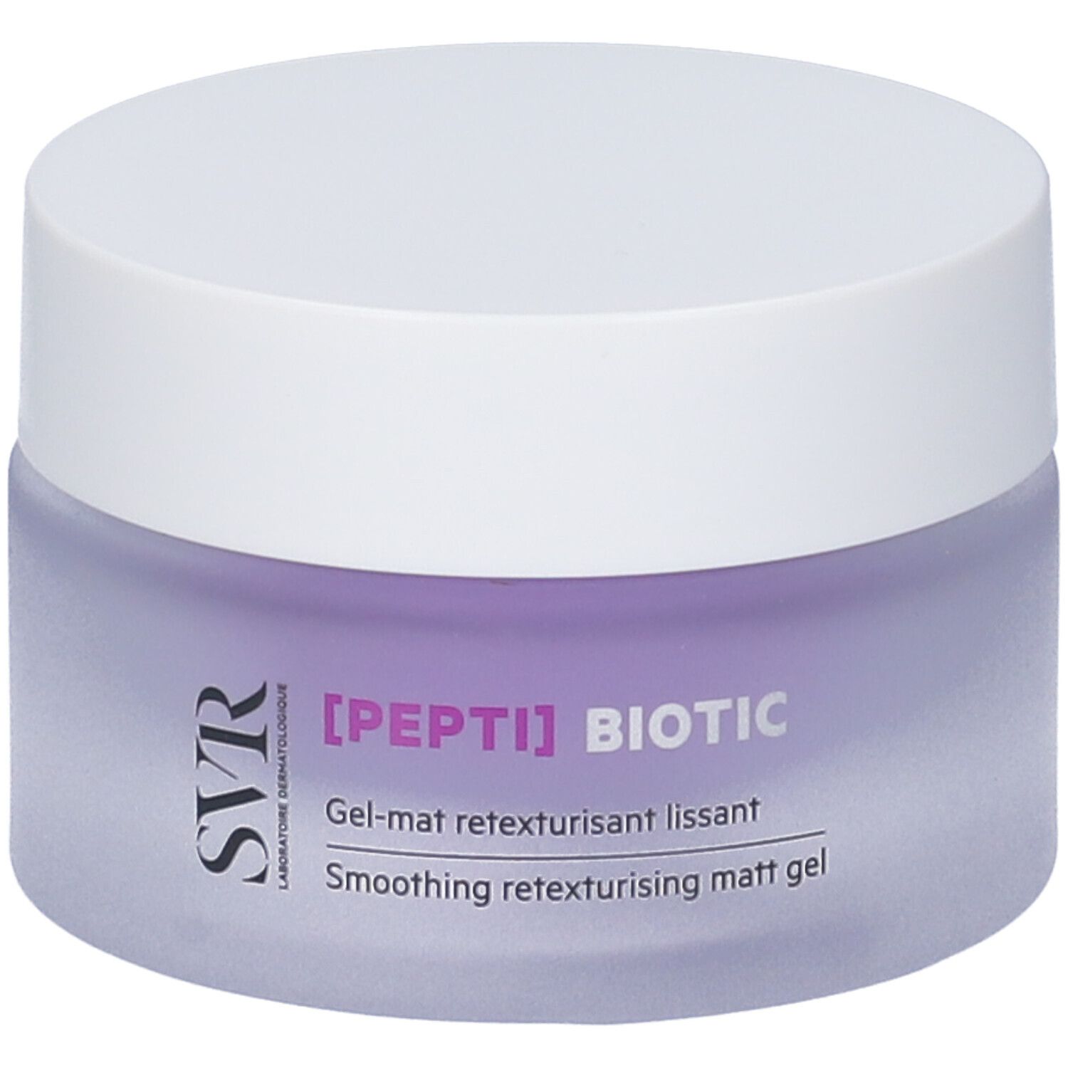Vaso di crema con coperchio bianco. Scritta: [PEPTI] BIOTIC, Gel-mat retexturisant lissant, Smoothing retexturising matt gel.