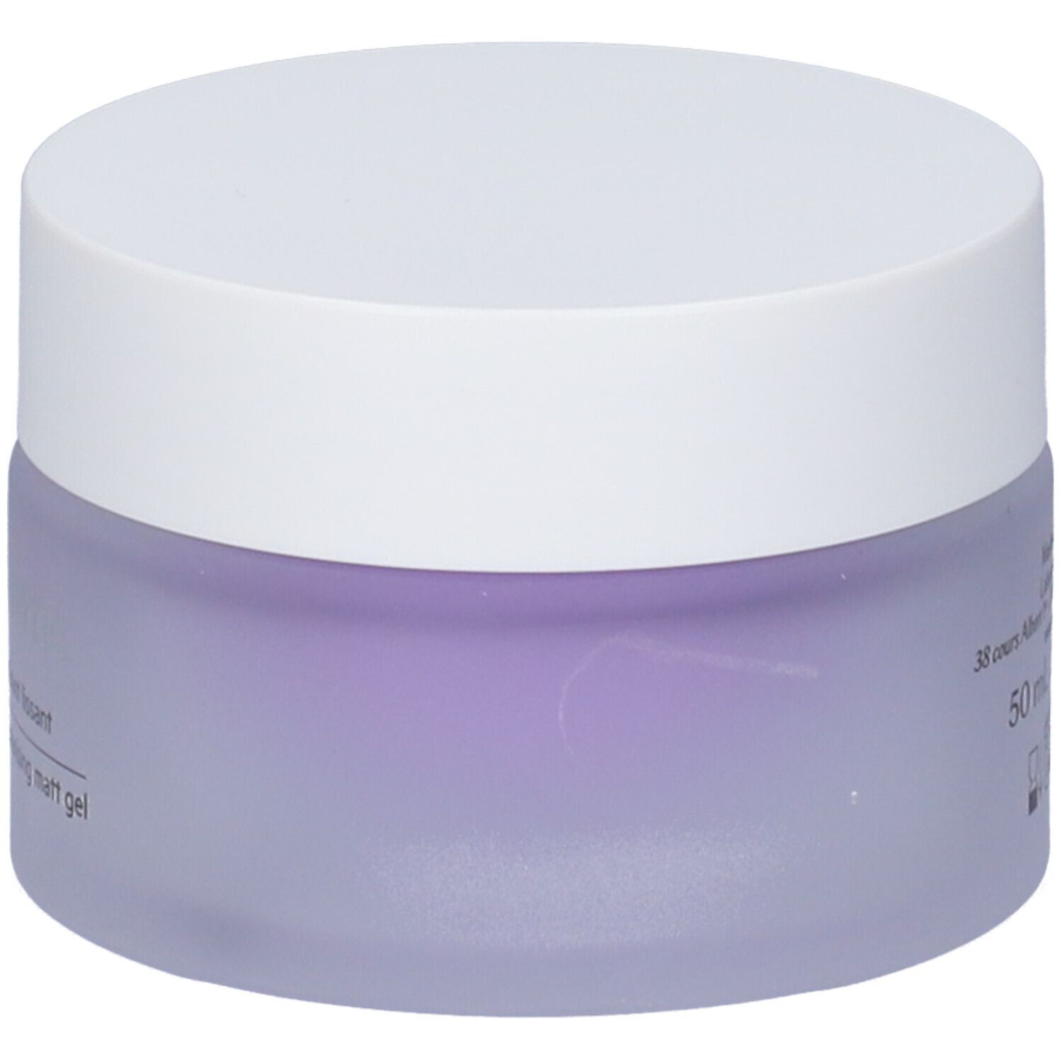 Vaso di crema con coperchio bianco. Scritta: [PEPTI] BIOTIC, Gel-mat retexturisant lissant, Smoothing retexturising matt gel.