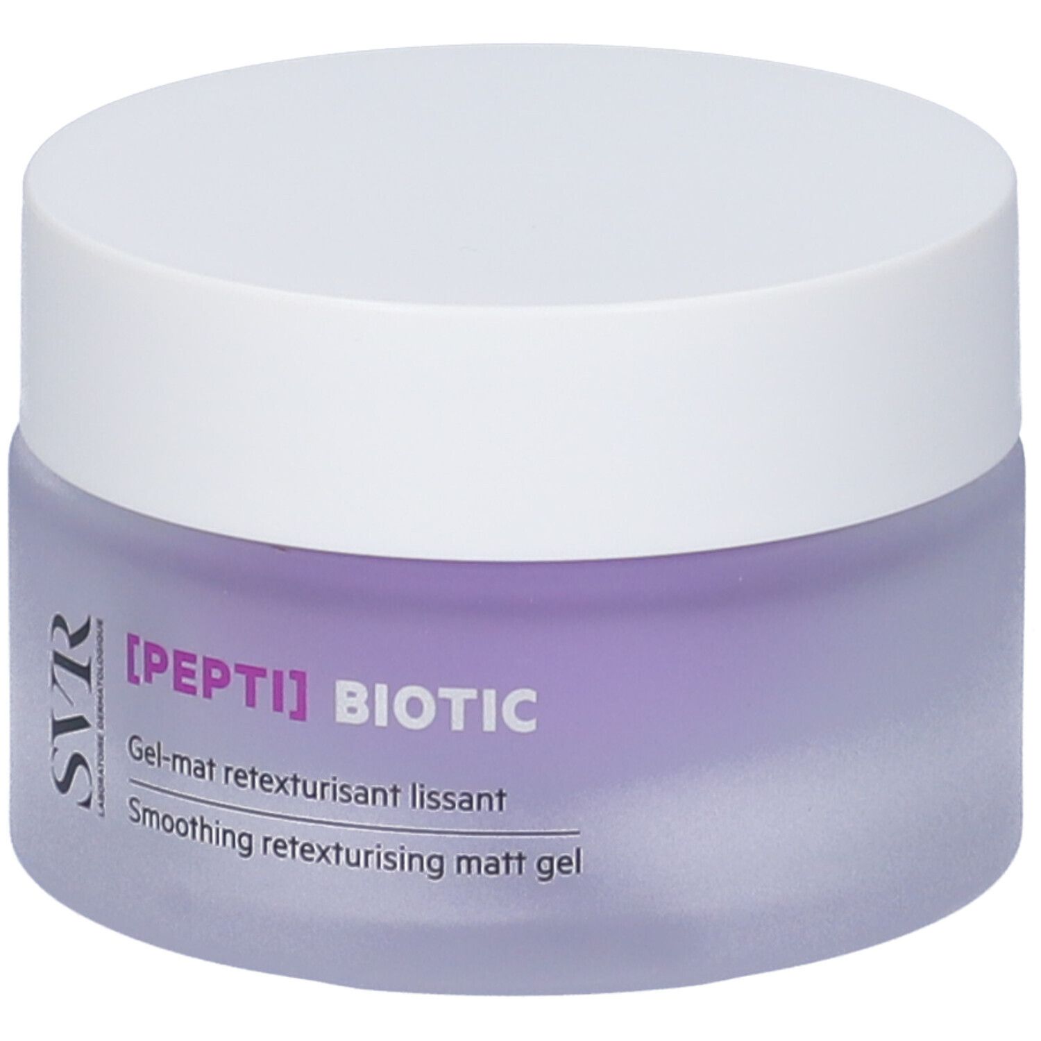 Vaso di crema con coperchio bianco. Scritta: [PEPTI] BIOTIC, Gel-mat retexturisant lissant, Smoothing retexturising matt gel.