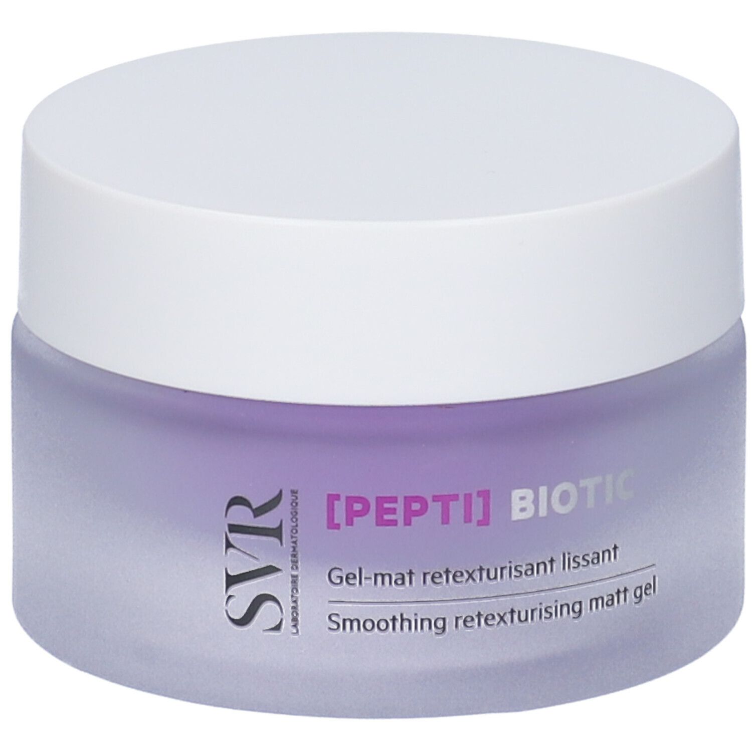 Vaso di crema con coperchio bianco. Scritta: [PEPTI] BIOTIC, Gel-mat retexturisant lissant, Smoothing retexturising matt gel.