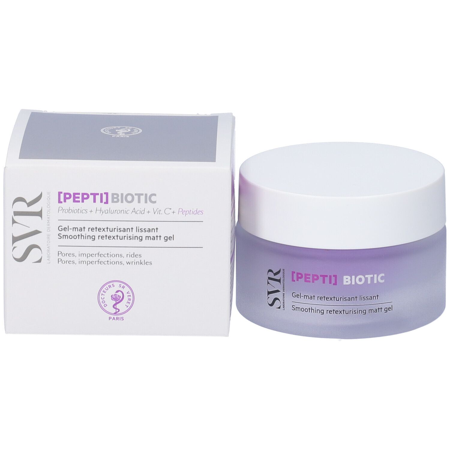 Vaso di crema e confezione. Scritta: [PEPTI] BIOTIC, Probiotics + Acido Ialuronico + Vit. C+ Peptidi. Gel-mat retexturisant lissant.