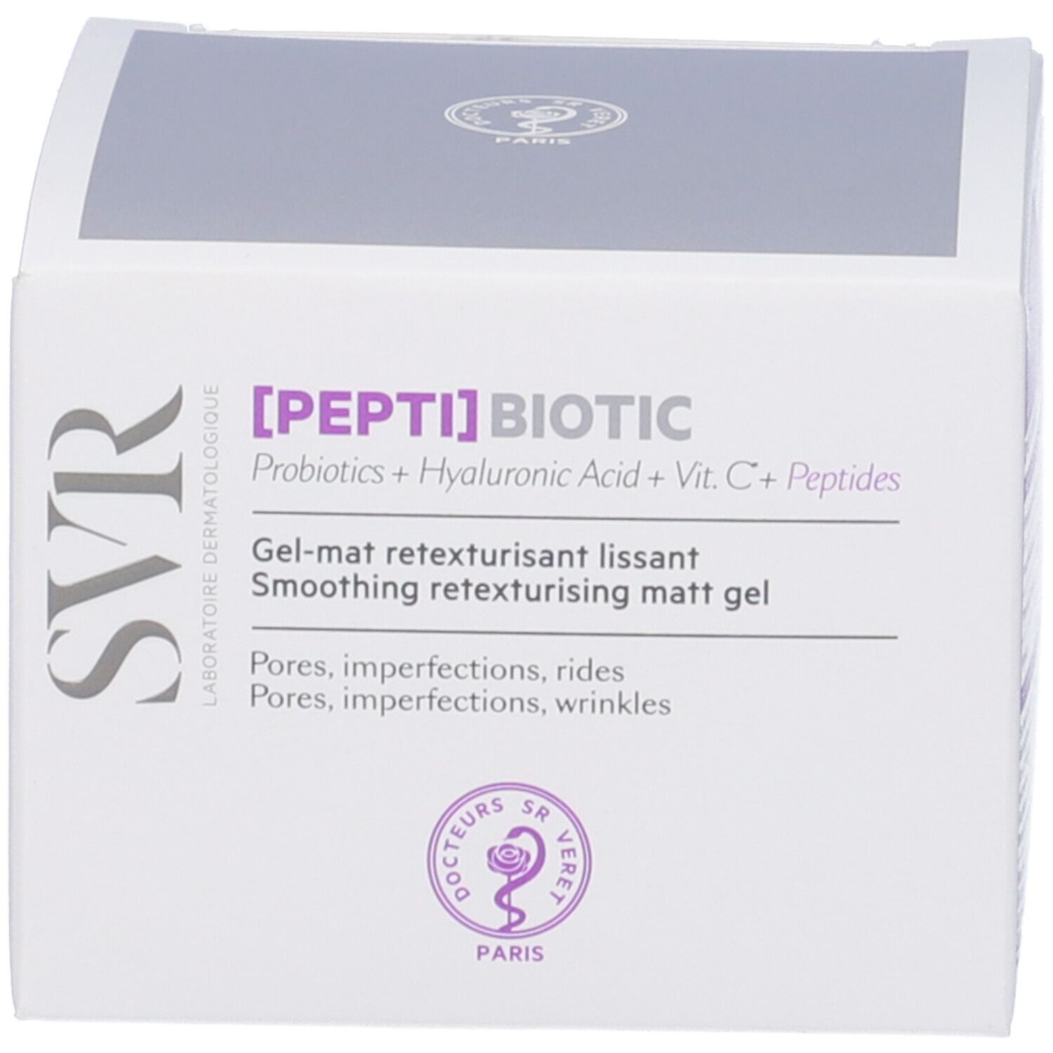 Confezione. Scritta: [PEPTI] BIOTIC, Probiotics + Acido Ialuronico + Vit. C+ Peptidi. Gel-mat retexturisant lissant. Pori, imperfezioni.