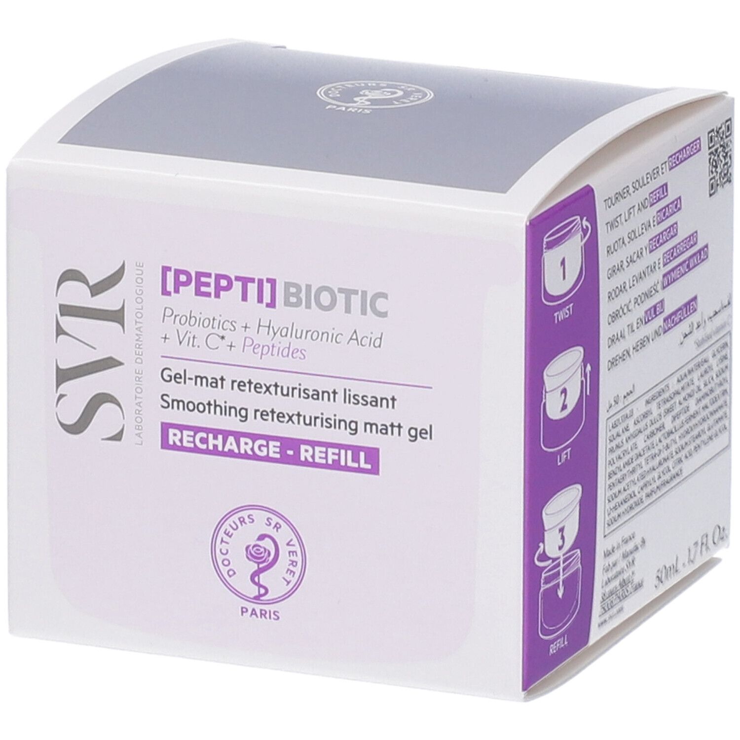 Scatola bianca con dettagli viola. Scritta [PEPTI] BIOTIC, logo SVR. Nome e descrizione del prodotto.