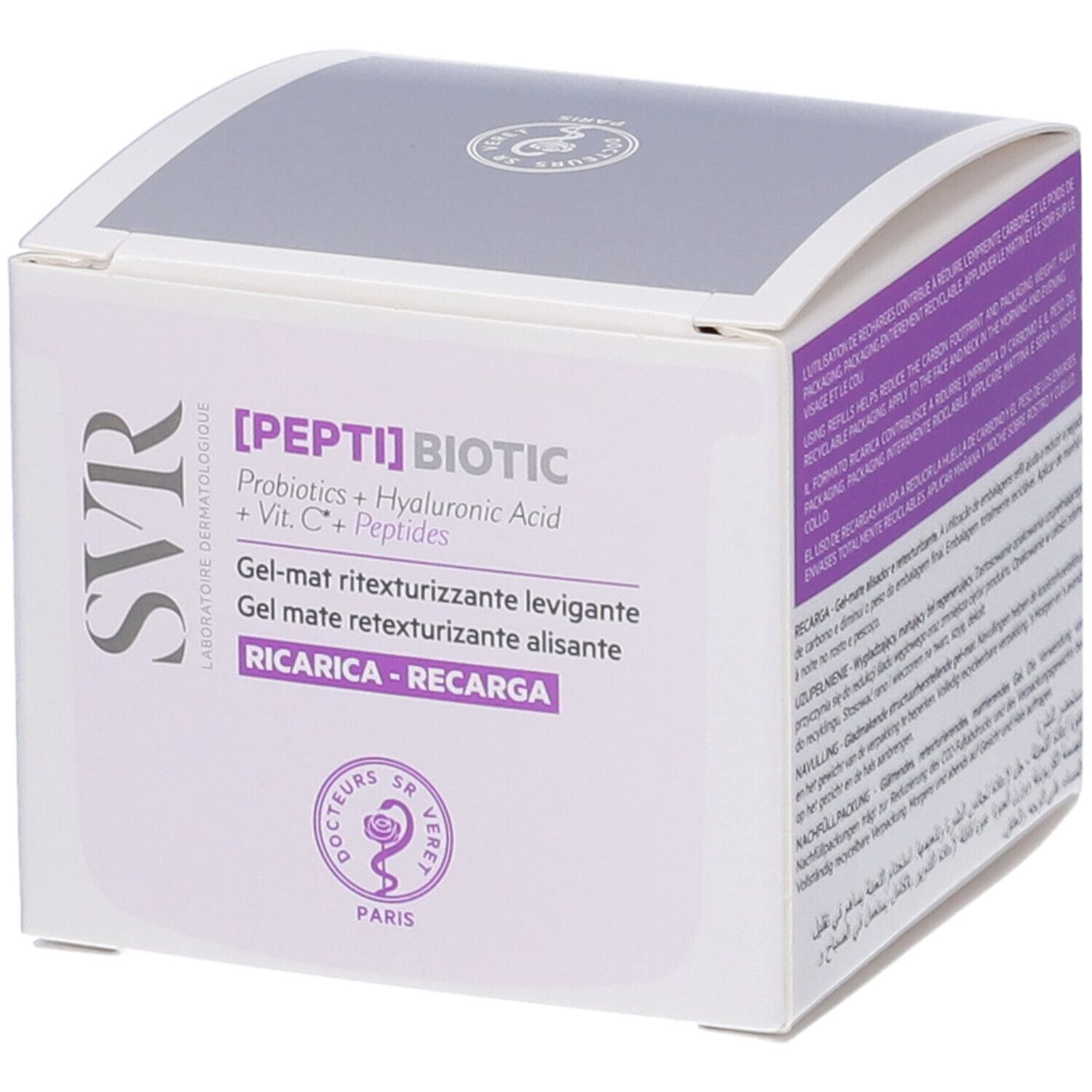 Confezione con dettagli viola. Scritta [PEPTI] BIOTIC, logo SVR. Nome e descrizione del prodotto.