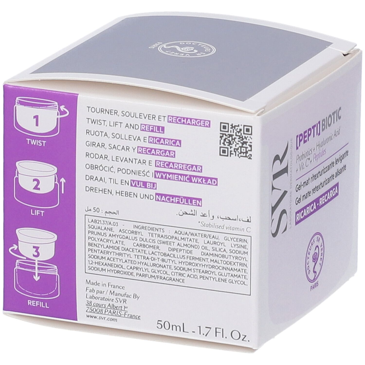 Confezione con istruzioni. Scritta [PEPTI] BIOTIC, logo SVR. Ingredienti e volume.