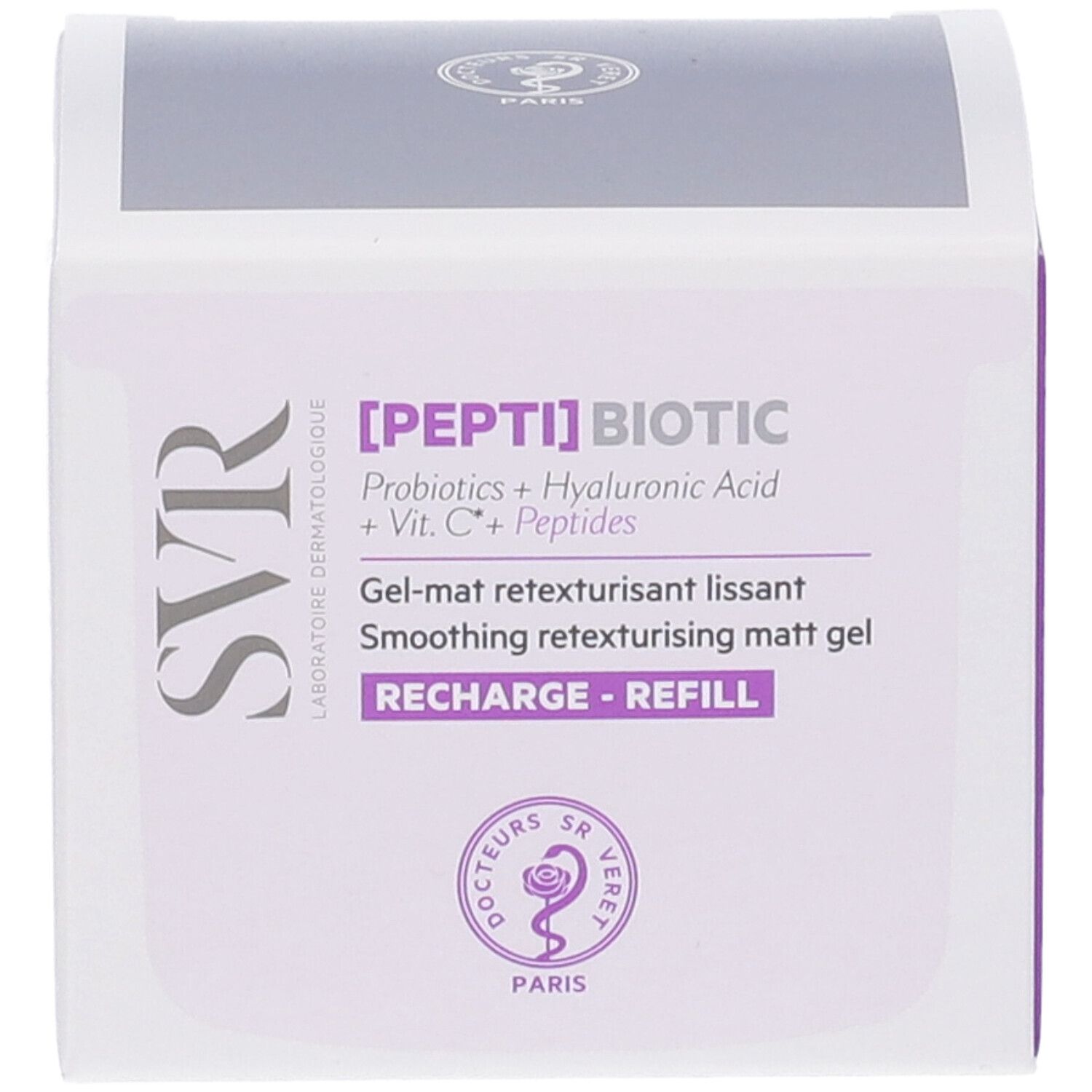 Confezione con dettagli viola. Scritta [PEPTI] BIOTIC, logo SVR. Nome e descrizione del prodotto.