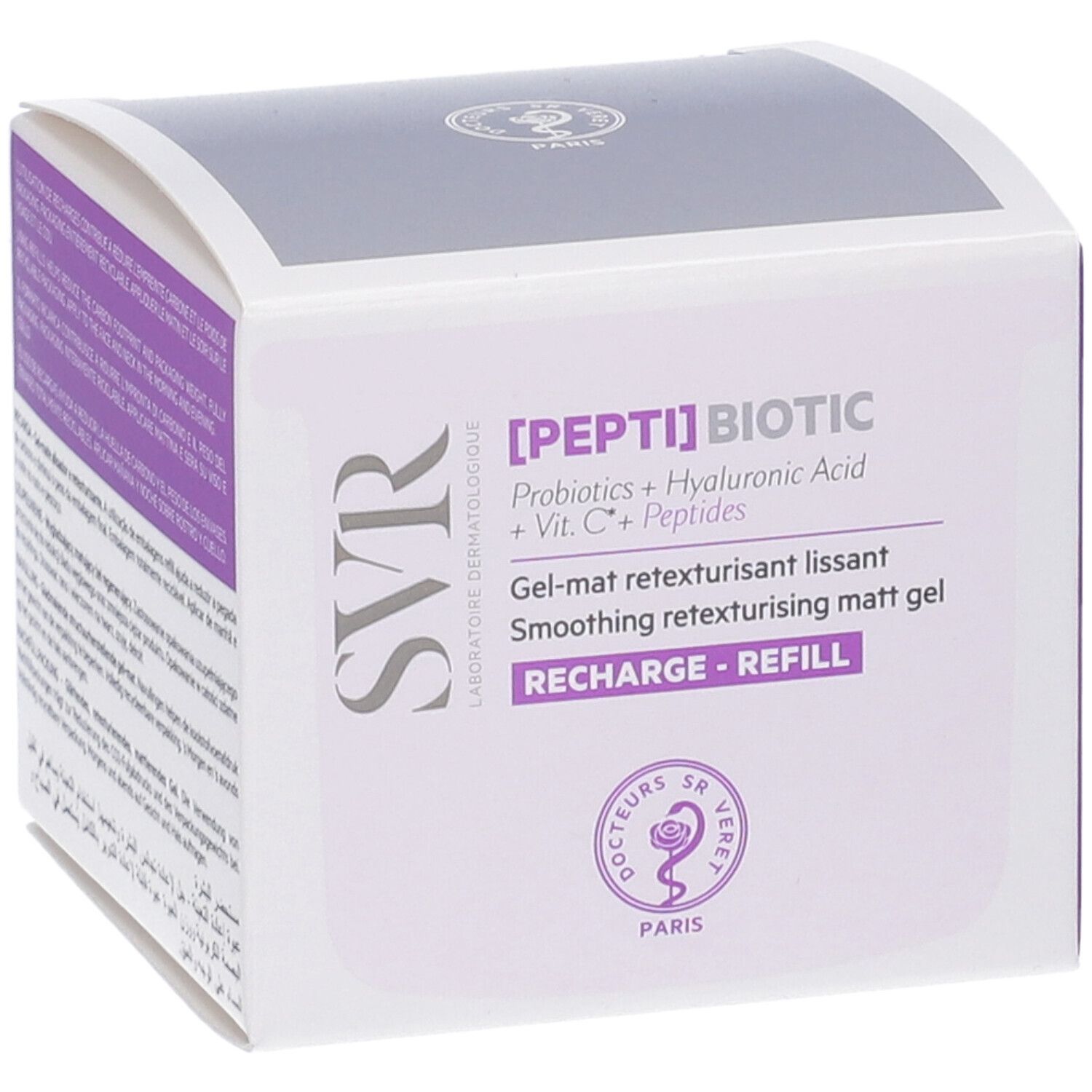 Confezione con dettagli viola. Scritta [PEPTI] BIOTIC, logo SVR. Nome e descrizione del prodotto.