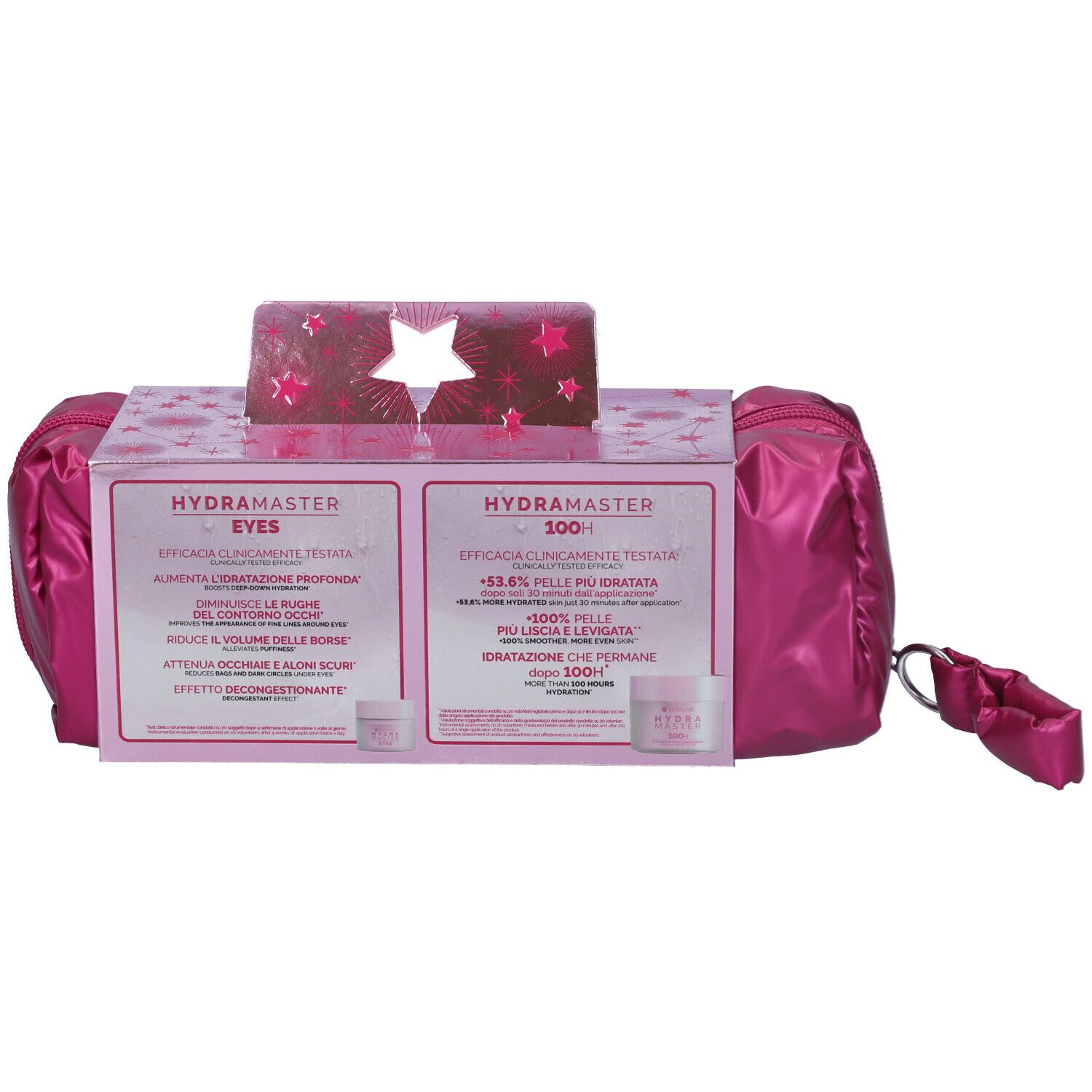 Retro della confezione del prodotto con informazioni. Contiene crema e contorno occhi. Scritte: Hydra Master Eyes e Hydra Master 100H.