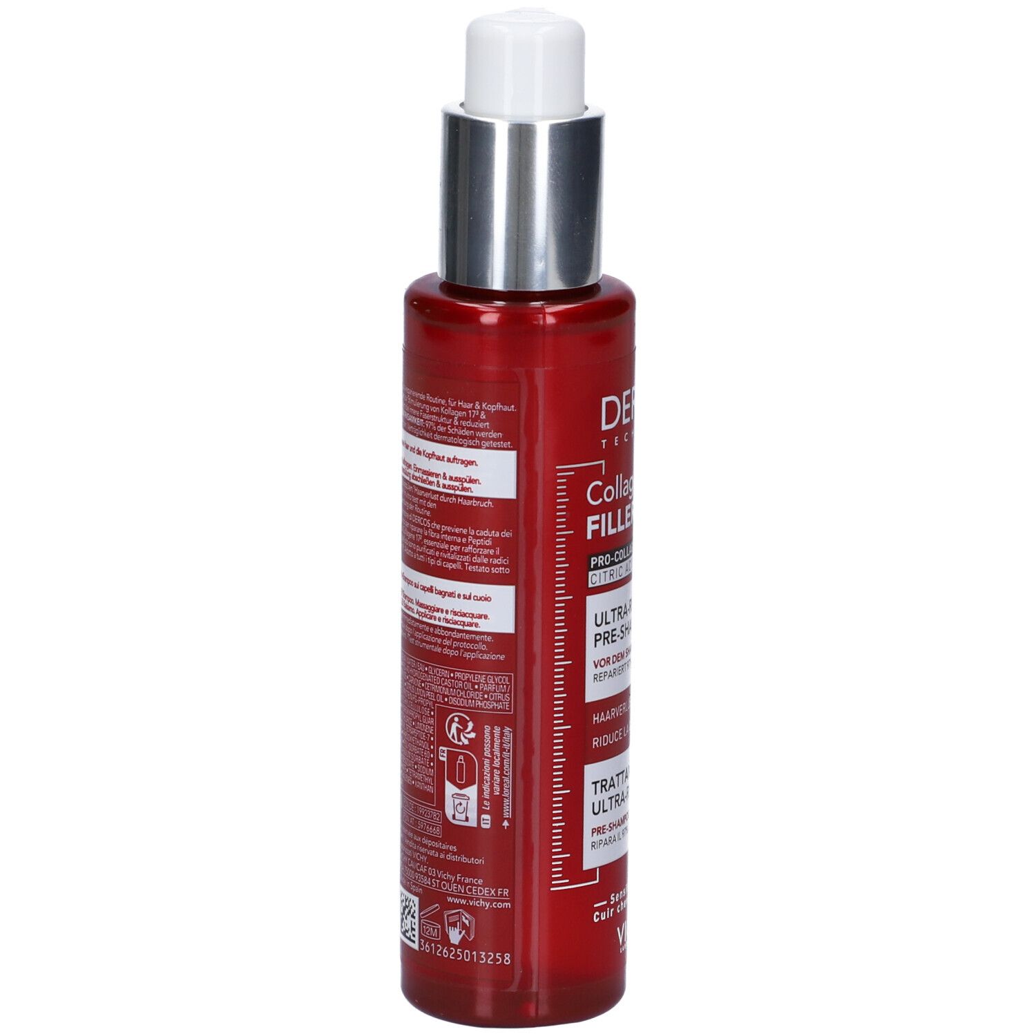 Flacone rosso, retro con testo. Scritta: Dercos Technique Collagen 17 Filler. Pre-shampoo. Vichy.