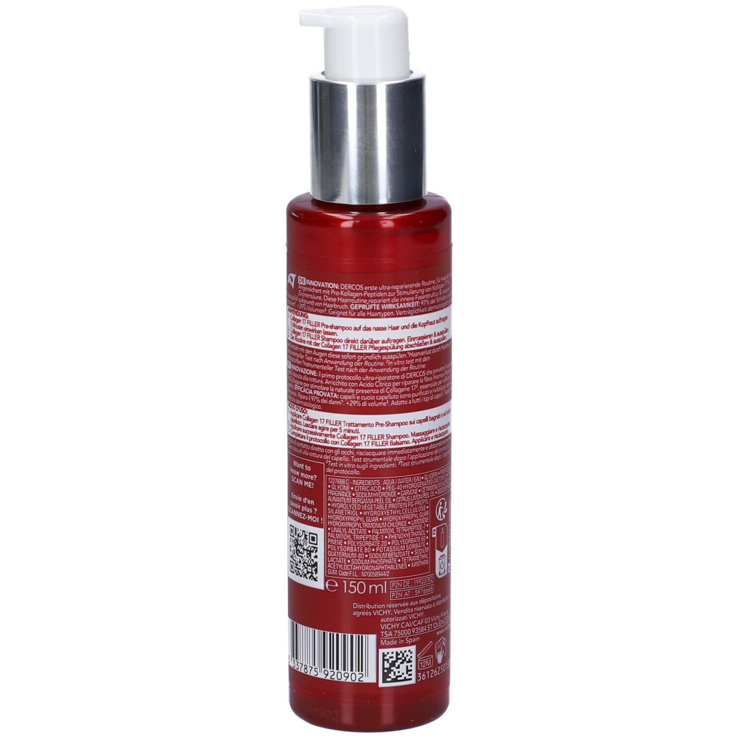 Flacone rosso, retro con testo e indicazione volume 150 ml. Scritta: Dercos Technique Collagen 17 Filler. Vichy.