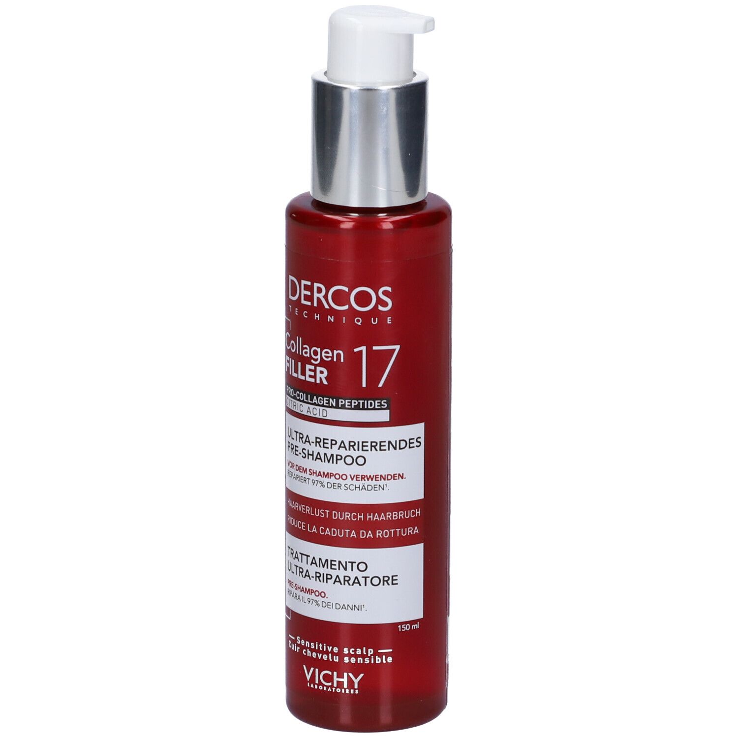 Flacone rosso con erogatore bianco. Scritta: Dercos Technique Collagen 17 Filler. Pre-shampoo ultra-riparatore. 150 ml.