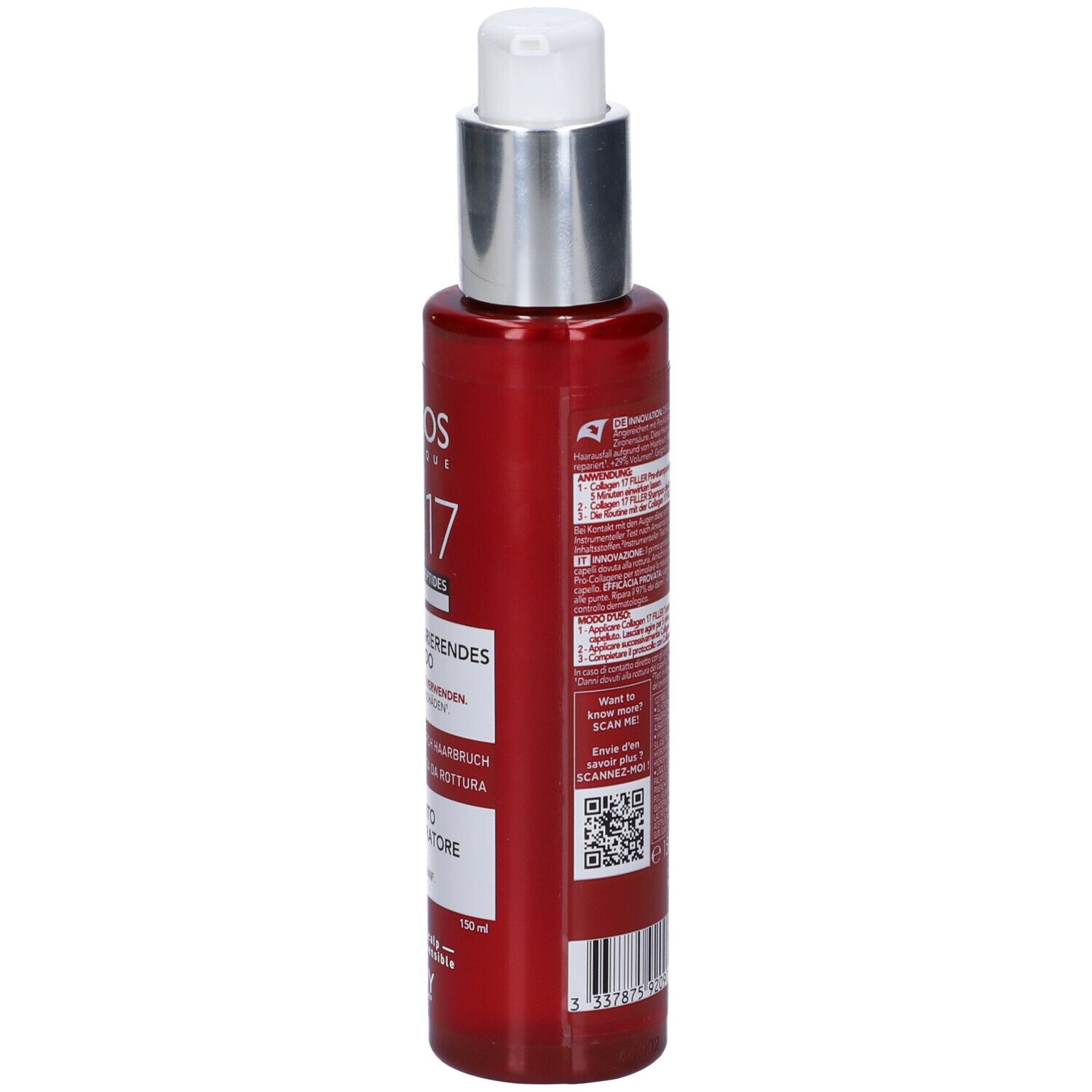 Flacone rosso, retro con testo. Scritta: Dercos Technique Collagen 17 Filler. Pre-shampoo. Vichy.