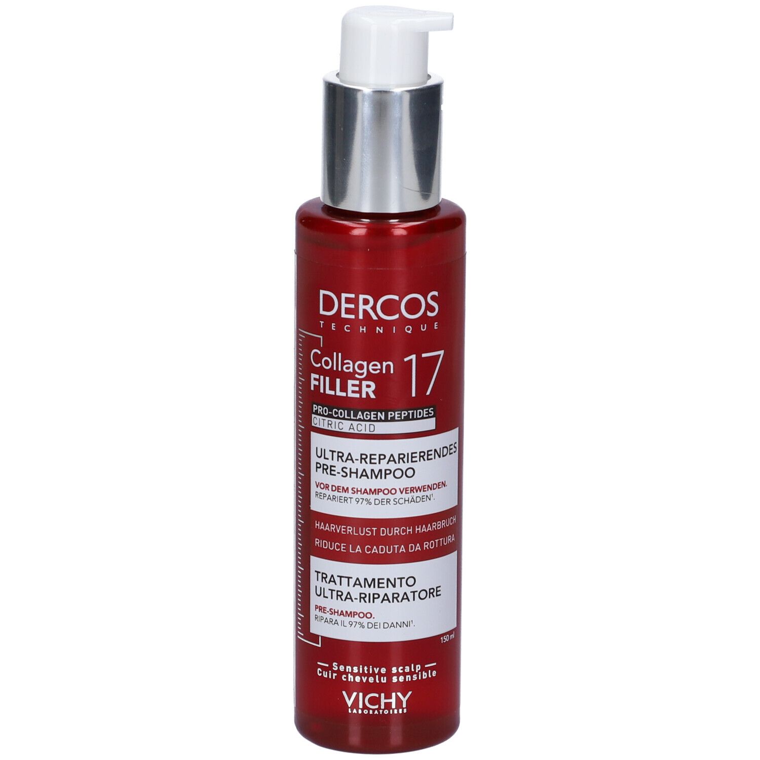 Flacone rosso con erogatore bianco. Scritta: Dercos Technique Collagen 17 Filler. Pre-shampoo ultra-riparatore. 150 ml.