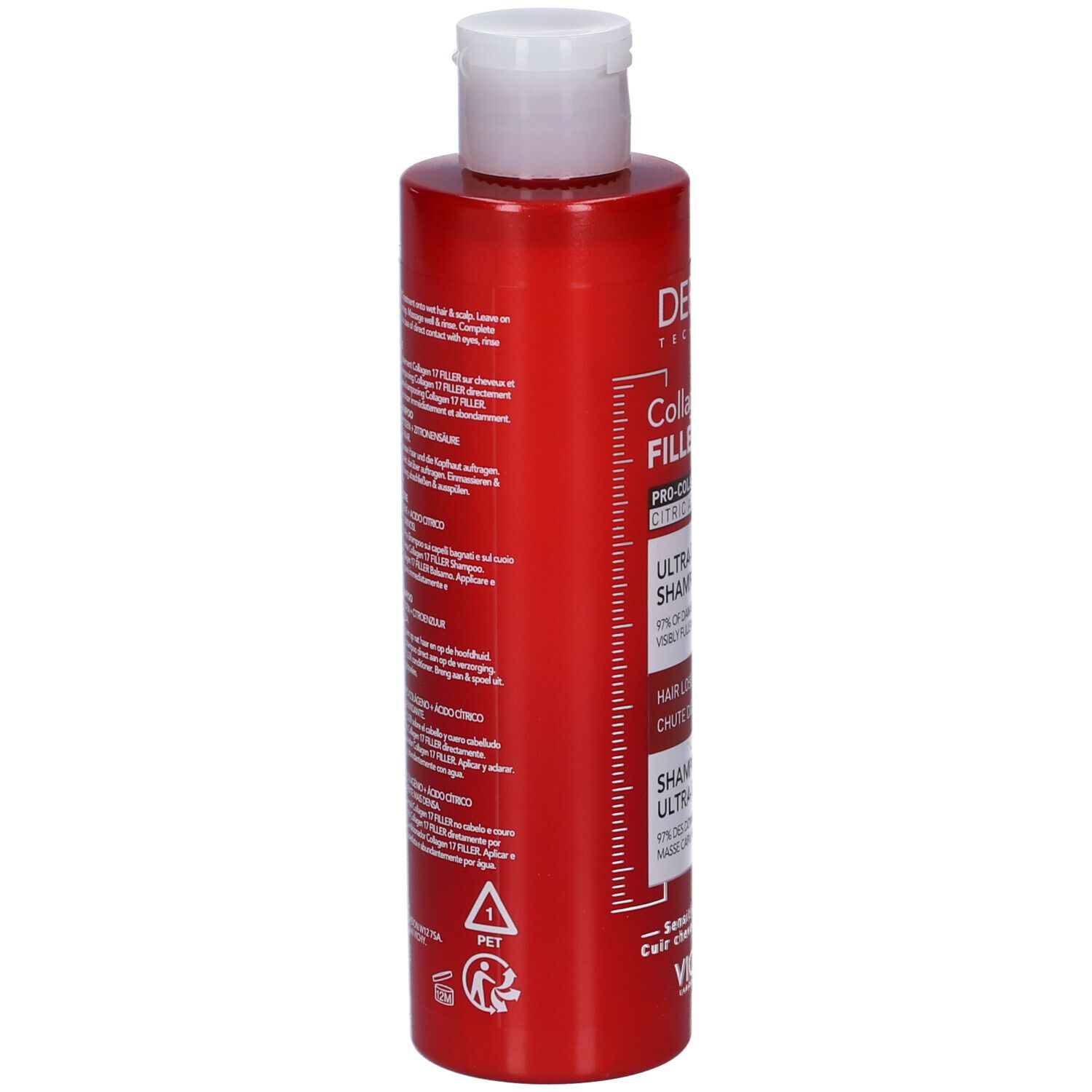Retro flacone shampoo rosso. Testo: ingredienti, istruzioni per l'uso. Logo e avvertenze. Tappo bianco.