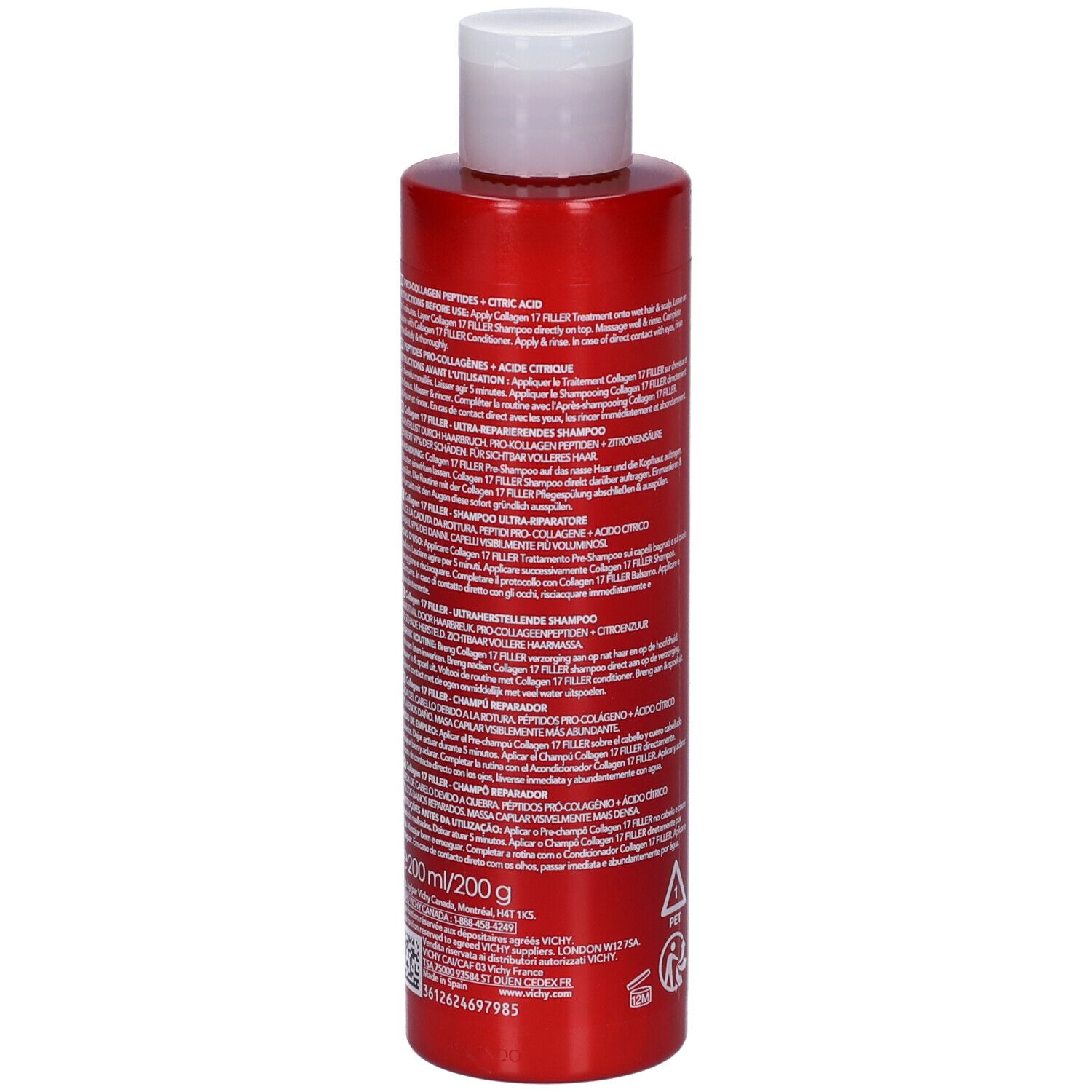 Retro flacone shampoo rosso. Testo: ingredienti, istruzioni per l'uso. Logo e avvertenze. Tappo bianco.