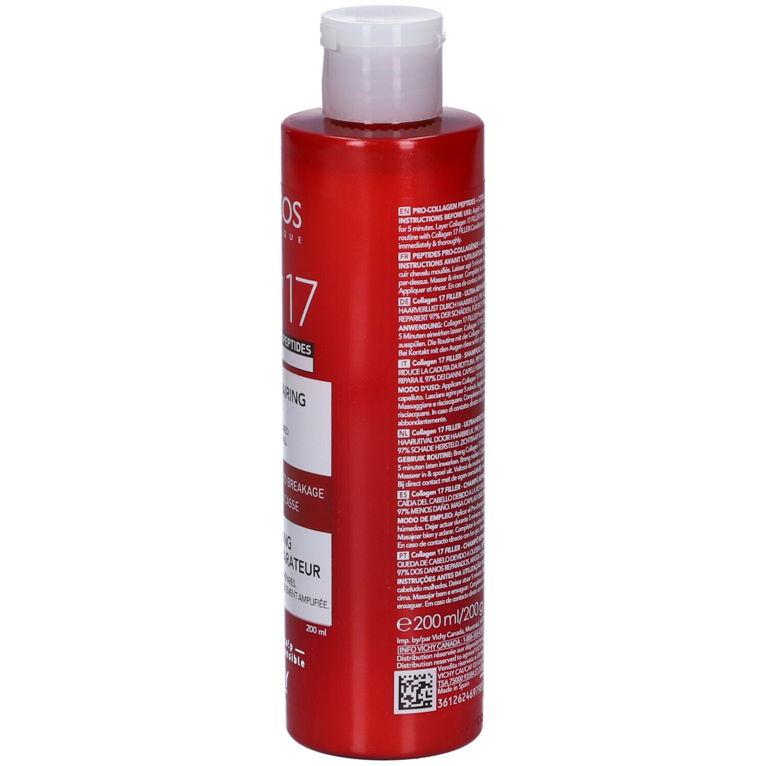 Retro flacone shampoo rosso. Testo: ingredienti, istruzioni per l'uso. Logo e avvertenze. Tappo bianco.