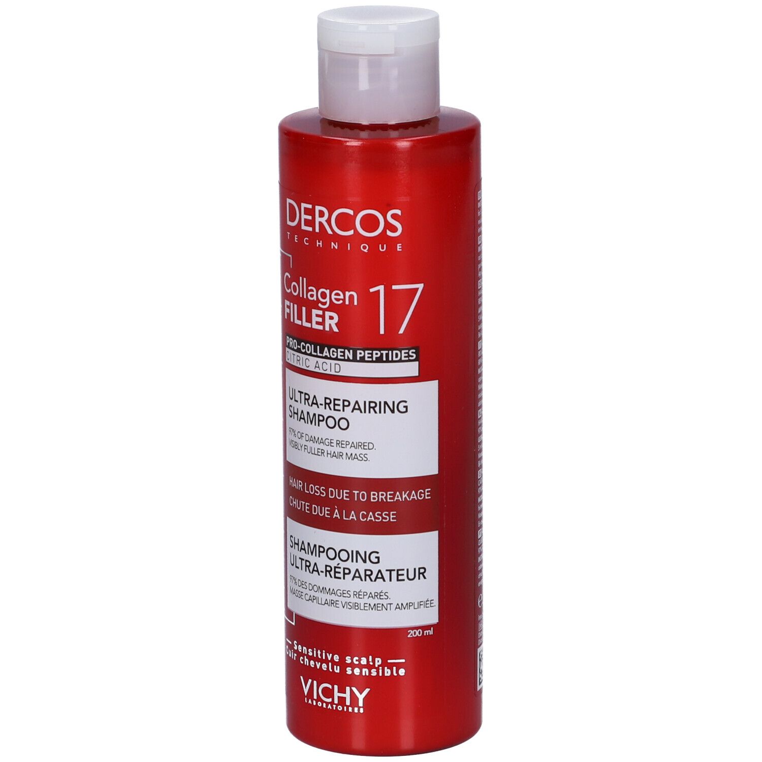 Flacone di shampoo rosso con tappo bianco. Scritte: Dercos, Collagen Filler 17, Ultra-Repairing Shampoo. Logo Vichy.