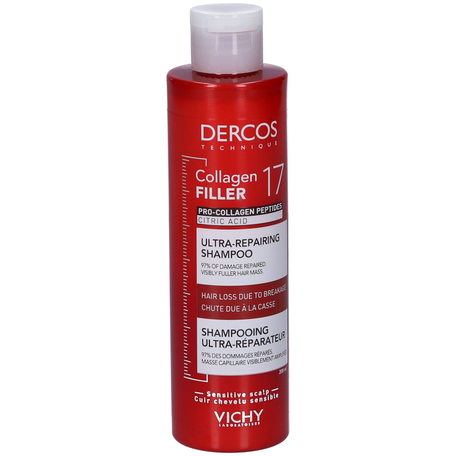 Flacone di shampoo rosso con tappo bianco. Scritte: Dercos, Collagen Filler 17, Ultra-Repairing Shampoo. Logo Vichy.