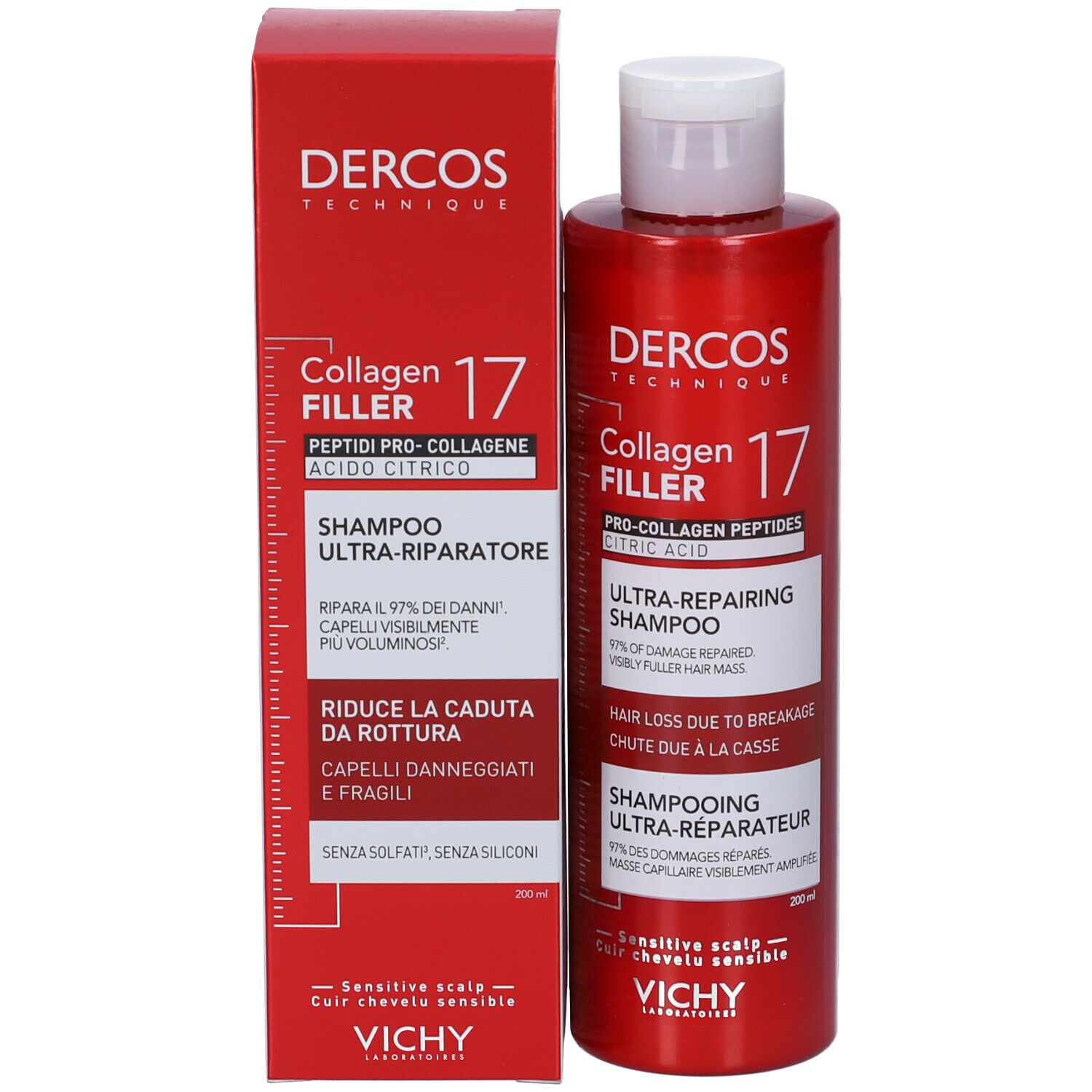 Flacone e scatola shampoo. Flacone rosso con tappo bianco. Scatola con nome prodotto e logo. Logo Vichy.