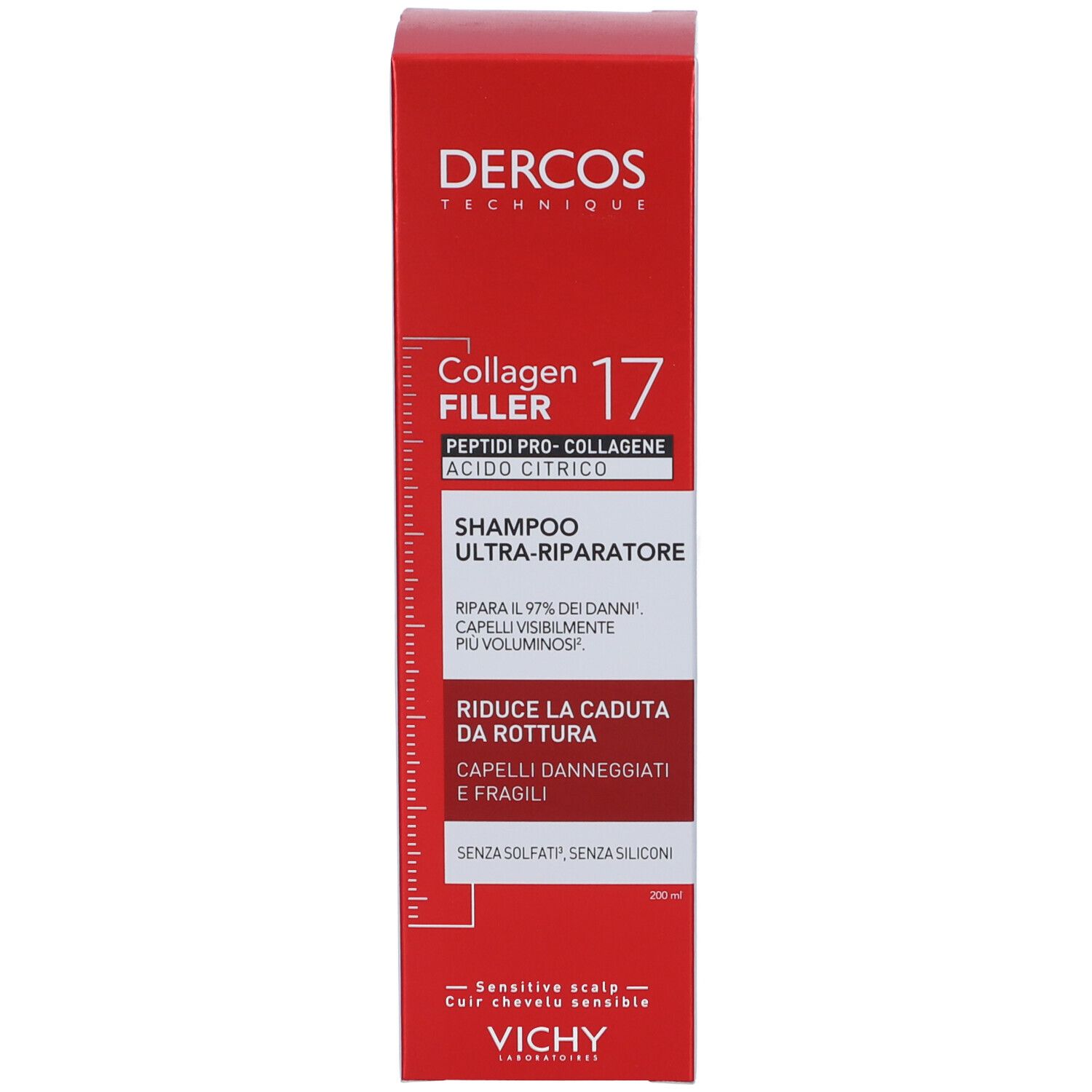 Scatola rossa con nome e logo del prodotto. Scritte: Dercos, Collagen Filler 17. Logo Vichy. Scala.