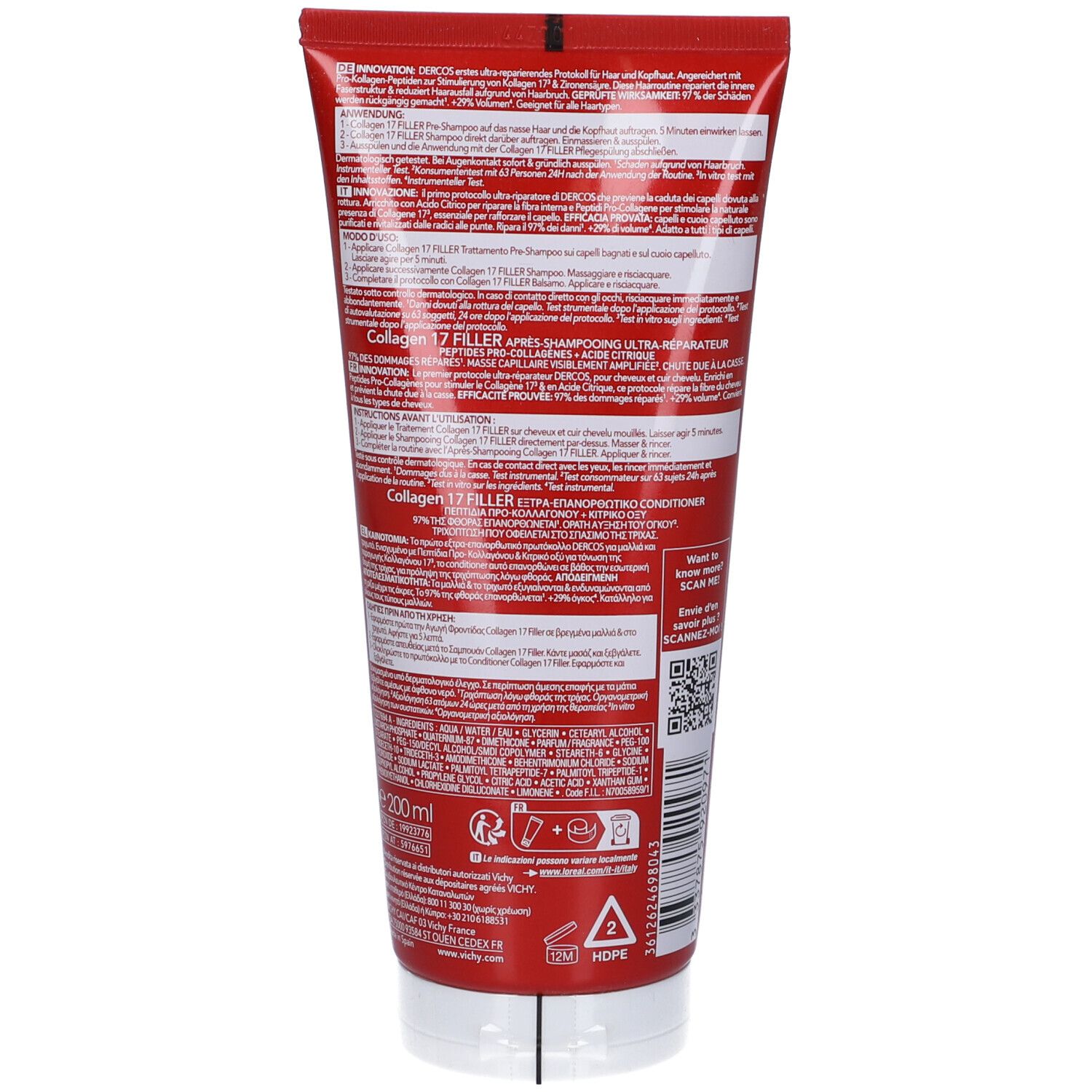 Tubo rosso, retro con testo. Contiene DT COLLAGEN REPAIR BALSAMO. Testo: Collagen Filler 17, Balsamo ultra-riparatore.
