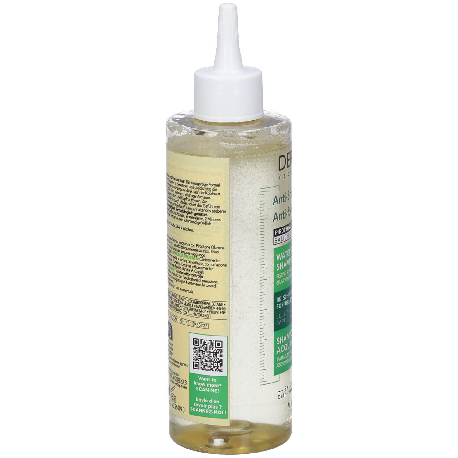 Flacone shampoo trasparente con beccuccio dosatore. Etichetta con testo. Codice QR. Vichy Dercos.