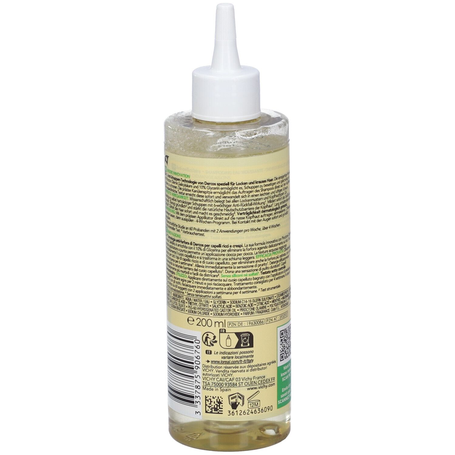 Retro del flacone shampoo con testo. Indicazione volume 200 ml. Vichy Dercos.