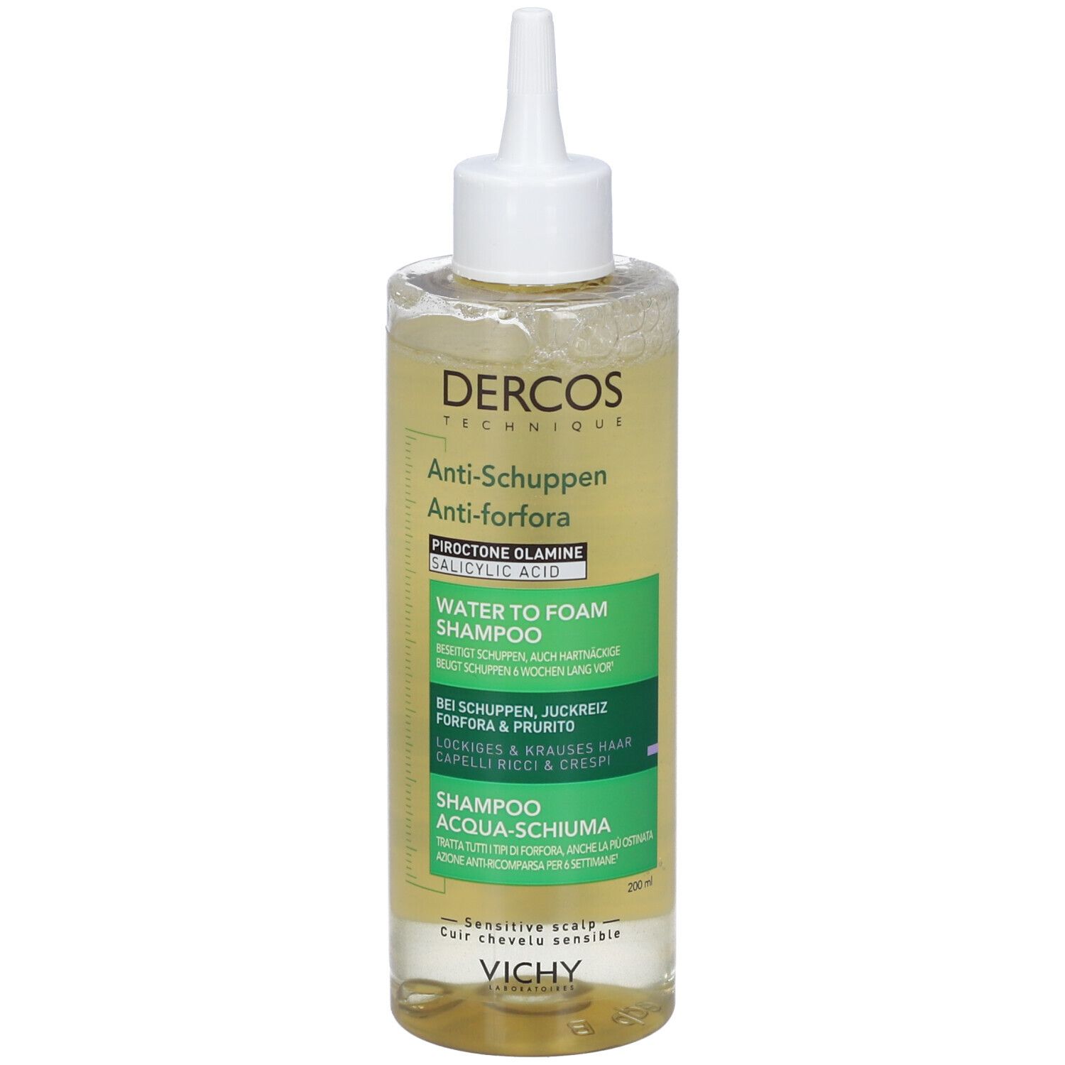 Flacone shampoo con beccuccio dosatore. Etichetta con nome e ingredienti. Vichy Dercos.