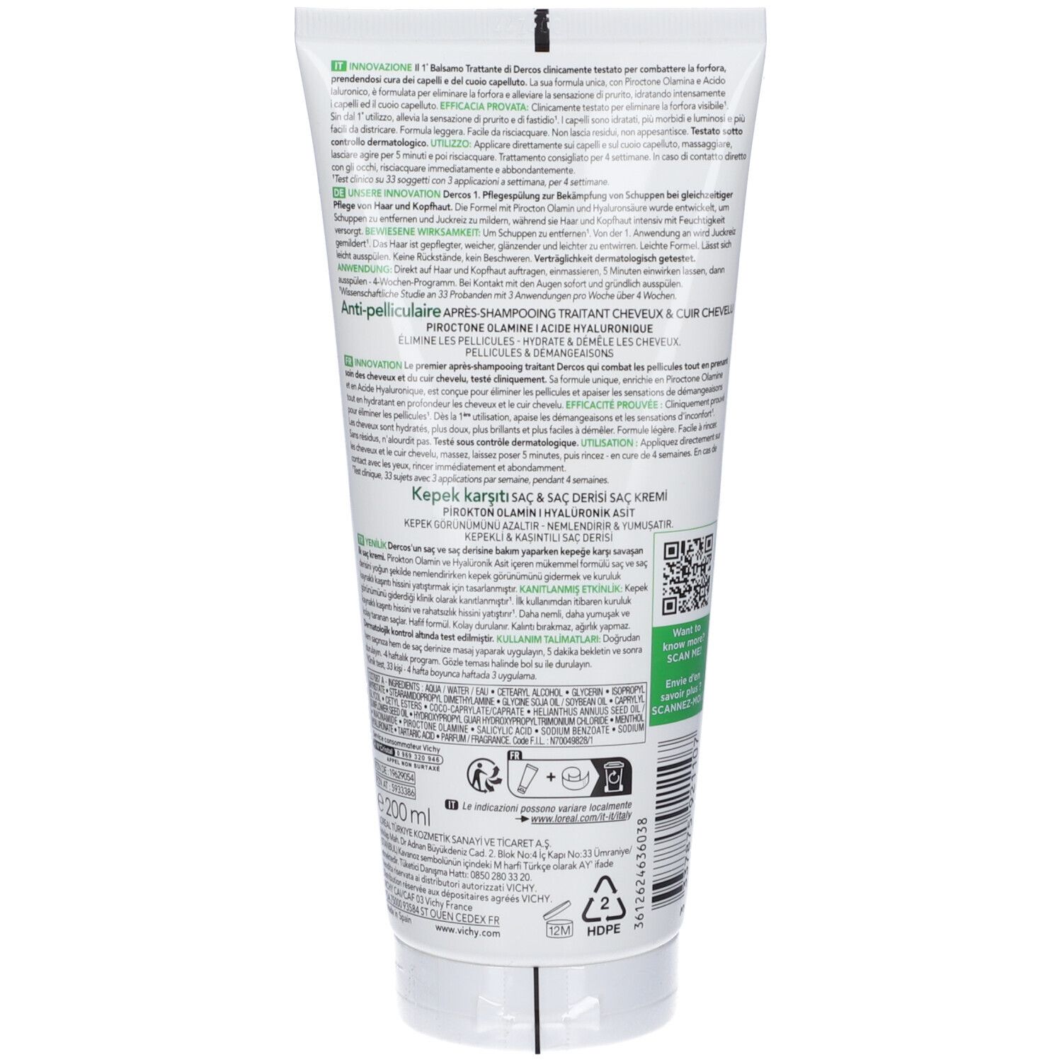 Retro del tubo bianco. Testo multilingue. Informazioni sull'uso e sugli ingredienti.