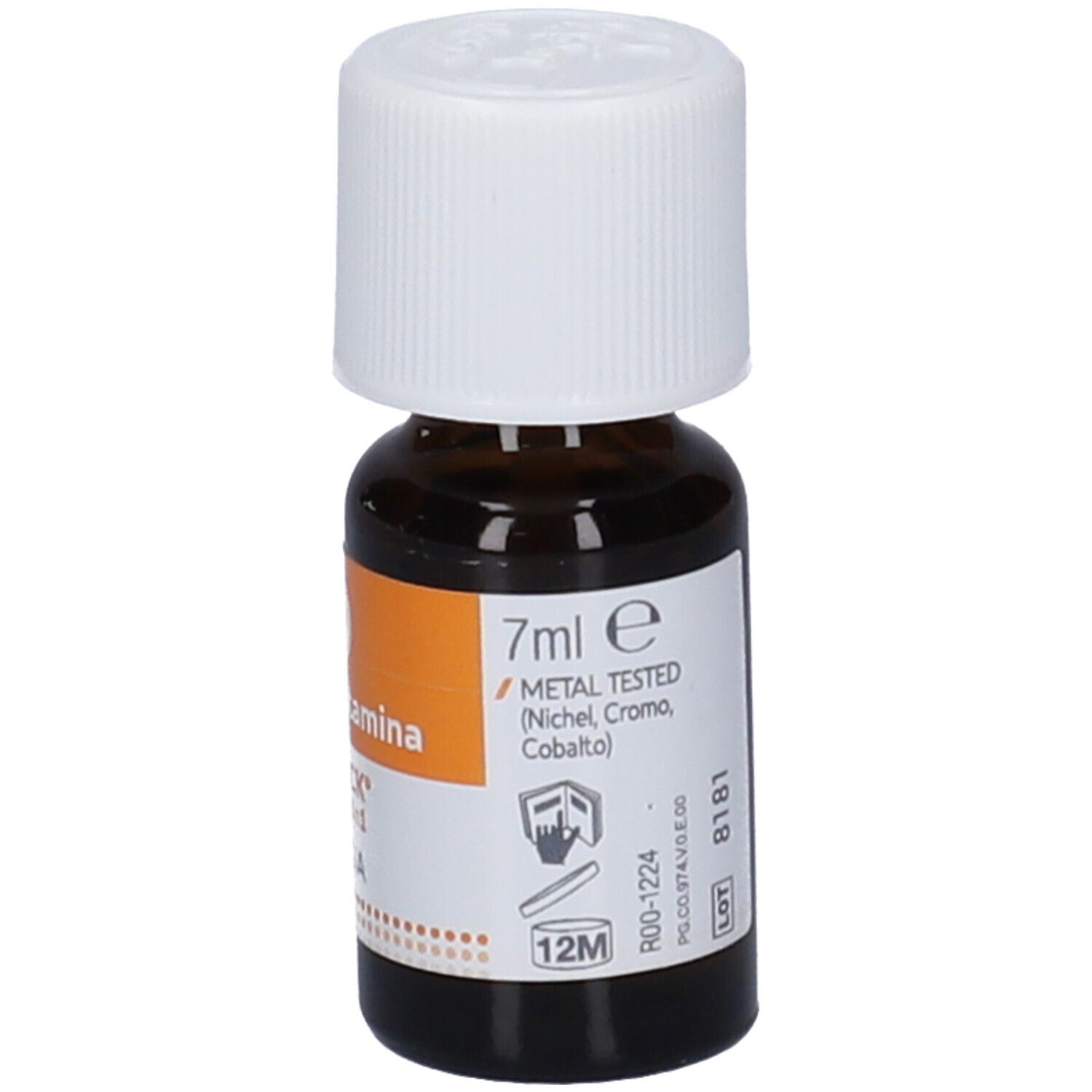 Flacone in vetro marrone con tappo bianco. Etichetta con 7ml e logo Metal Tested.