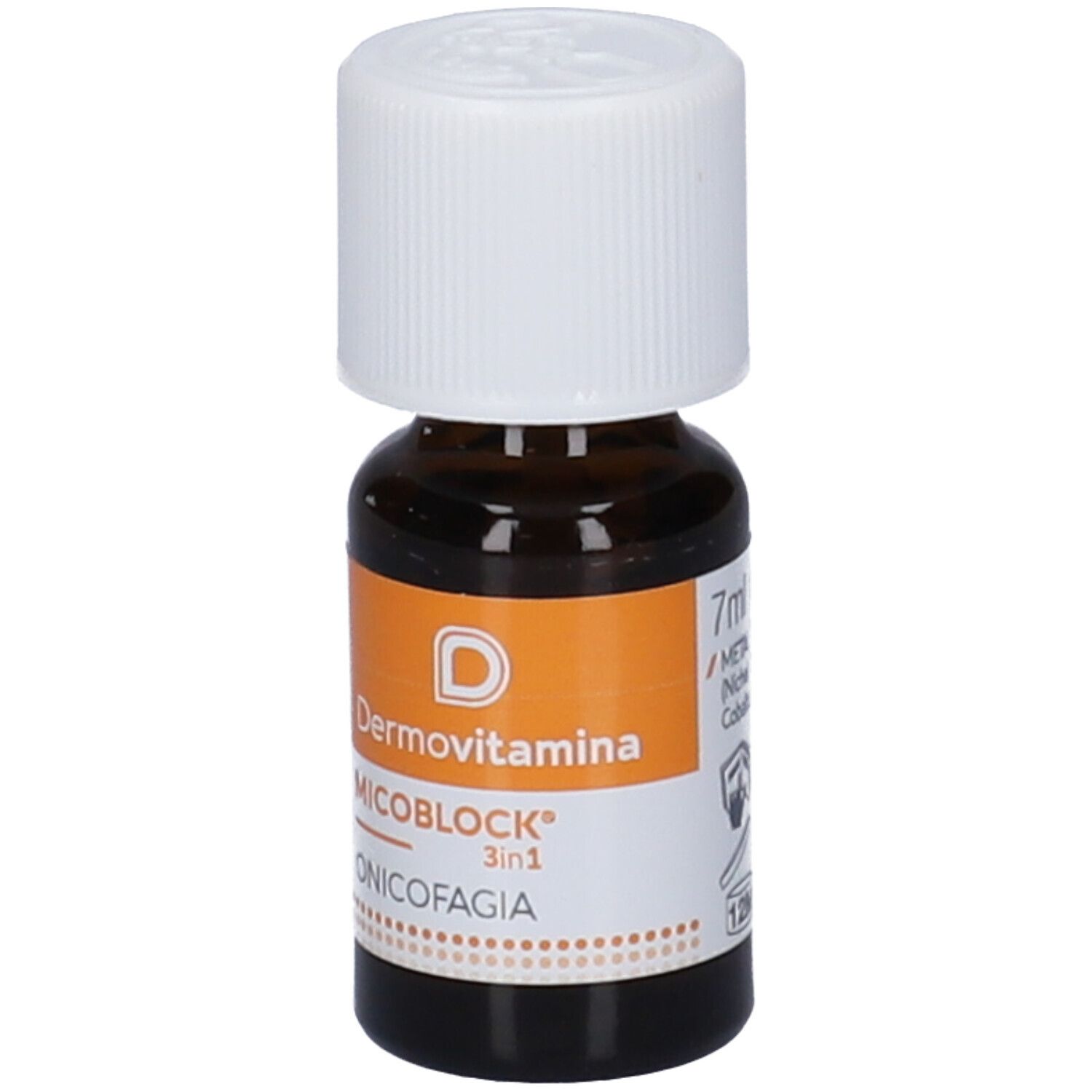 Flacone in vetro marrone con tappo bianco. Etichetta con nome prodotto Dermovitamina Micoblock Onicofagia e 7ml.