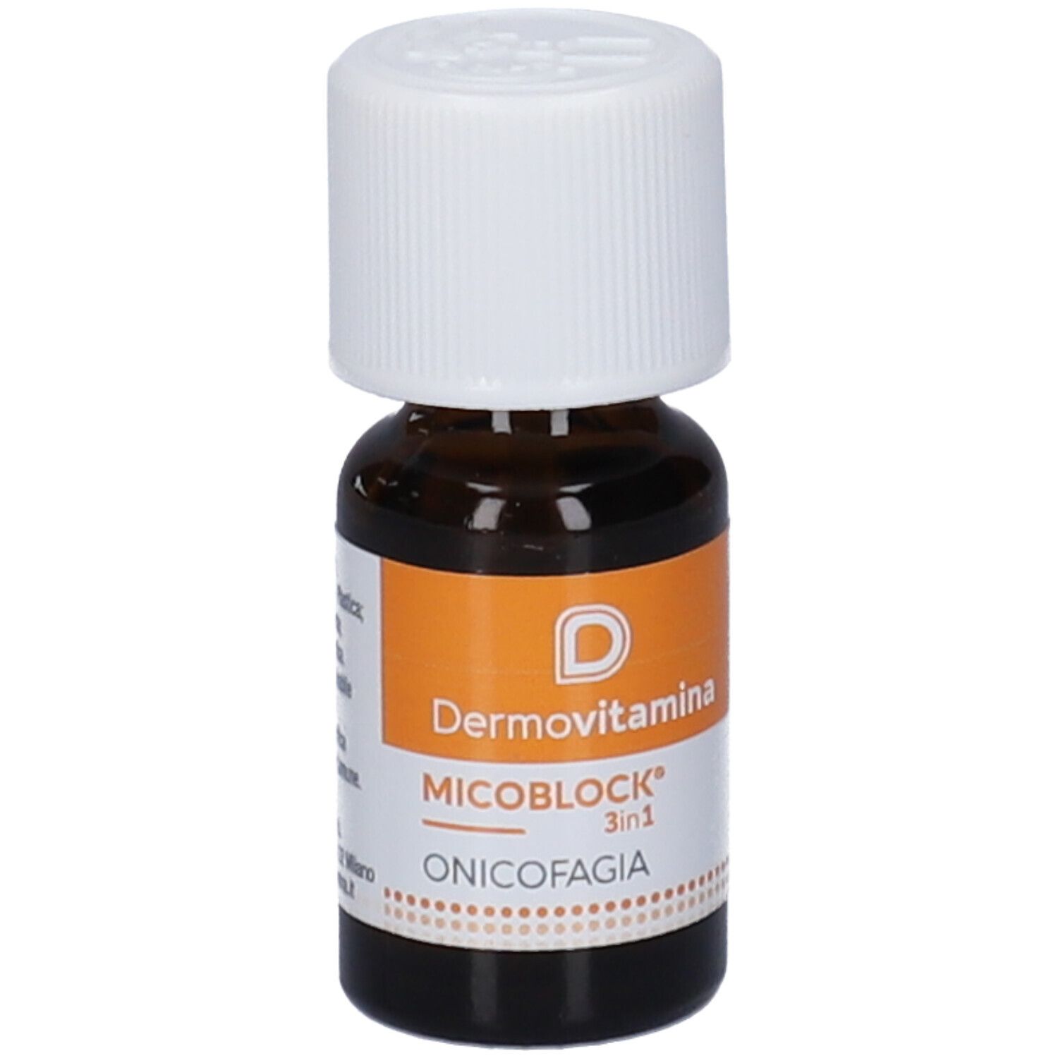 Flacone in vetro marrone con tappo bianco. Etichetta con nome prodotto Dermovitamina Micoblock Onicofagia.