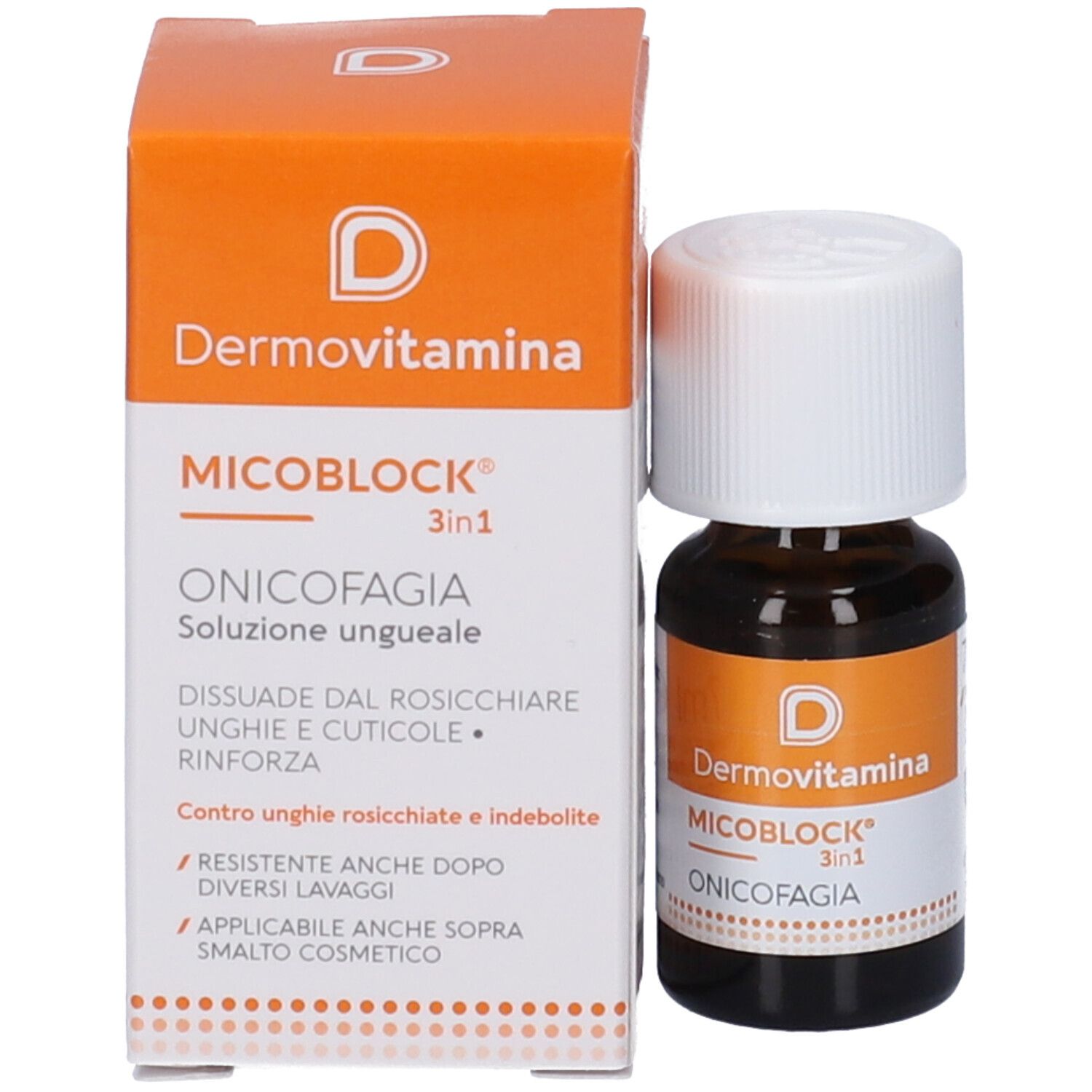 Flacone e confezione del prodotto. Confezione con nome prodotto Dermovitamina Micoblock Onicofagia e testo.