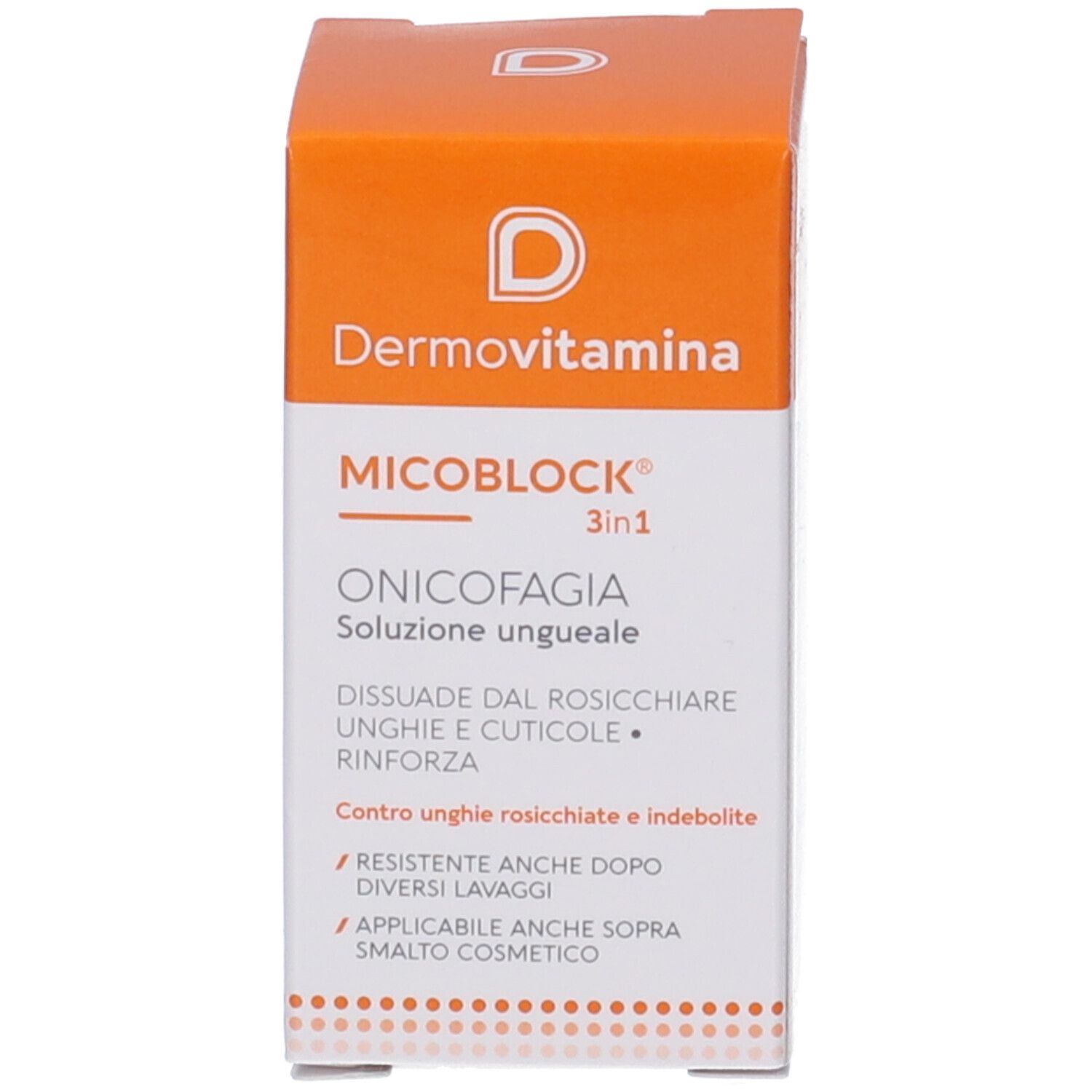 Confezione con nome prodotto Dermovitamina Micoblock Onicofagia e testo.