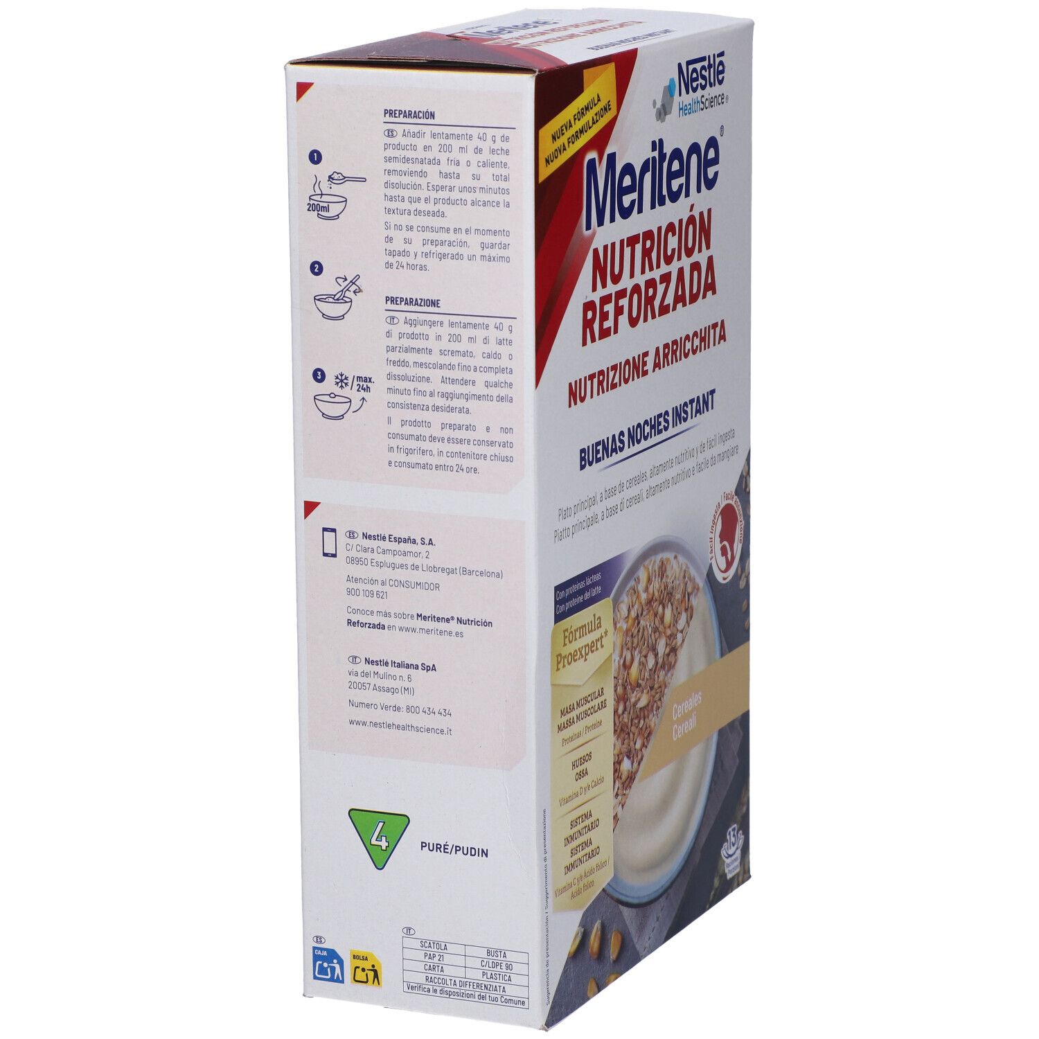 Vista laterale della confezione MERITENE BUENAS NOCHES. Contiene istruzioni per la preparazione e informazioni di contatto. Logo Nestle HealthScience.