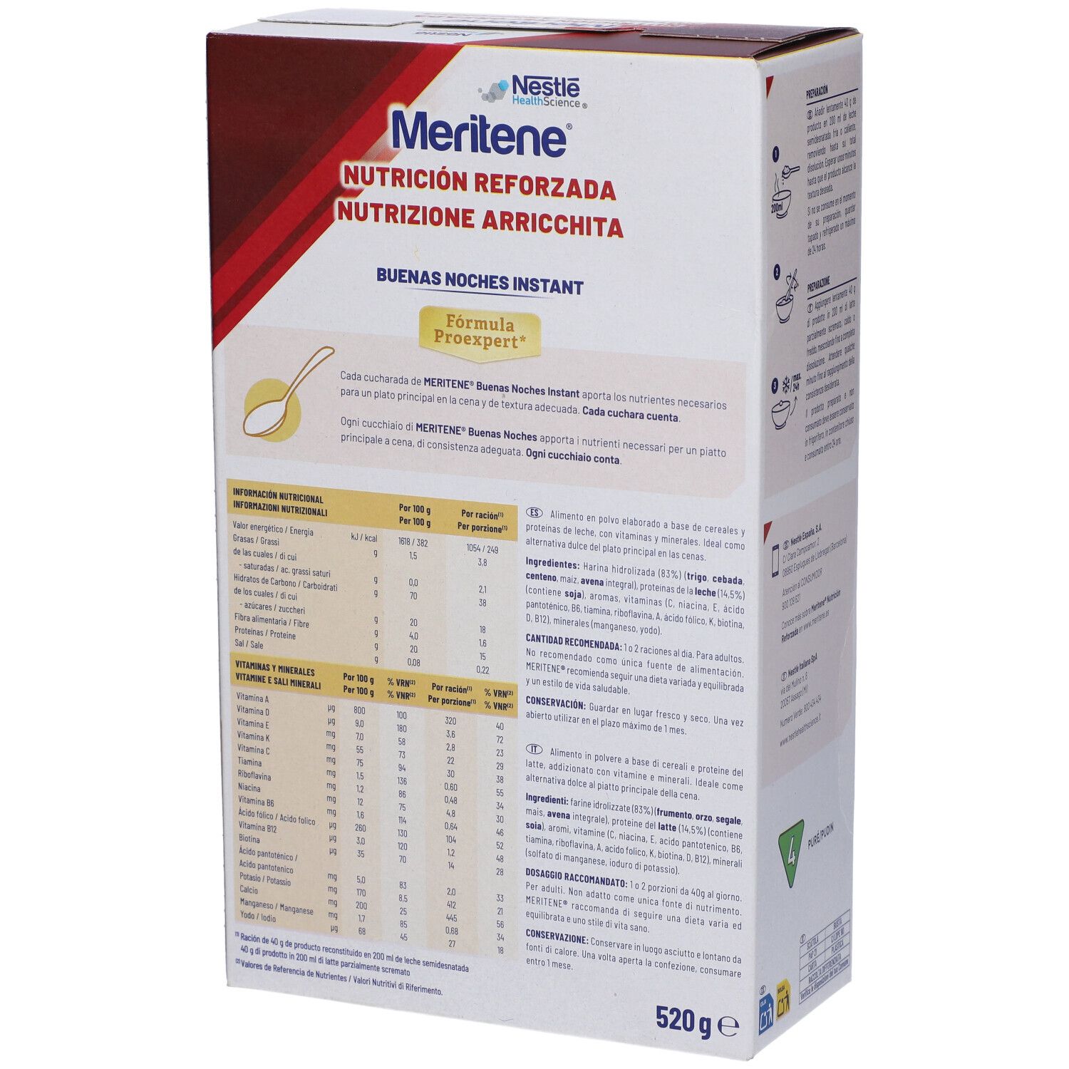 Retro della confezione MERITENE BUENAS NOCHES. Contiene informazioni nutrizionali e testo. Peso: 520g. Logo Nestle HealthScience.