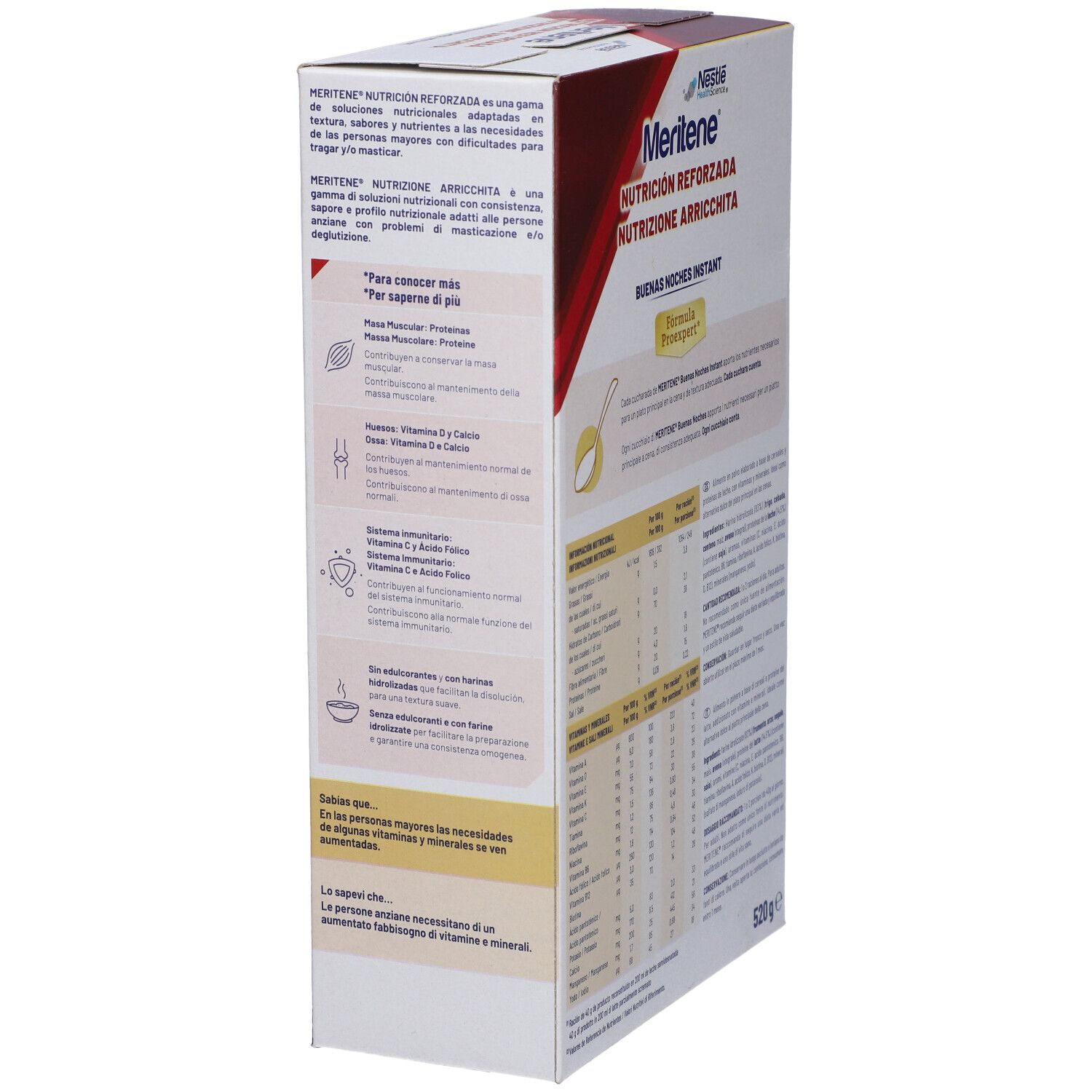 Vista laterale della confezione MERITENE BUENAS NOCHES. Contiene testo e informazioni nutrizionali. Logo Nestle HealthScience.