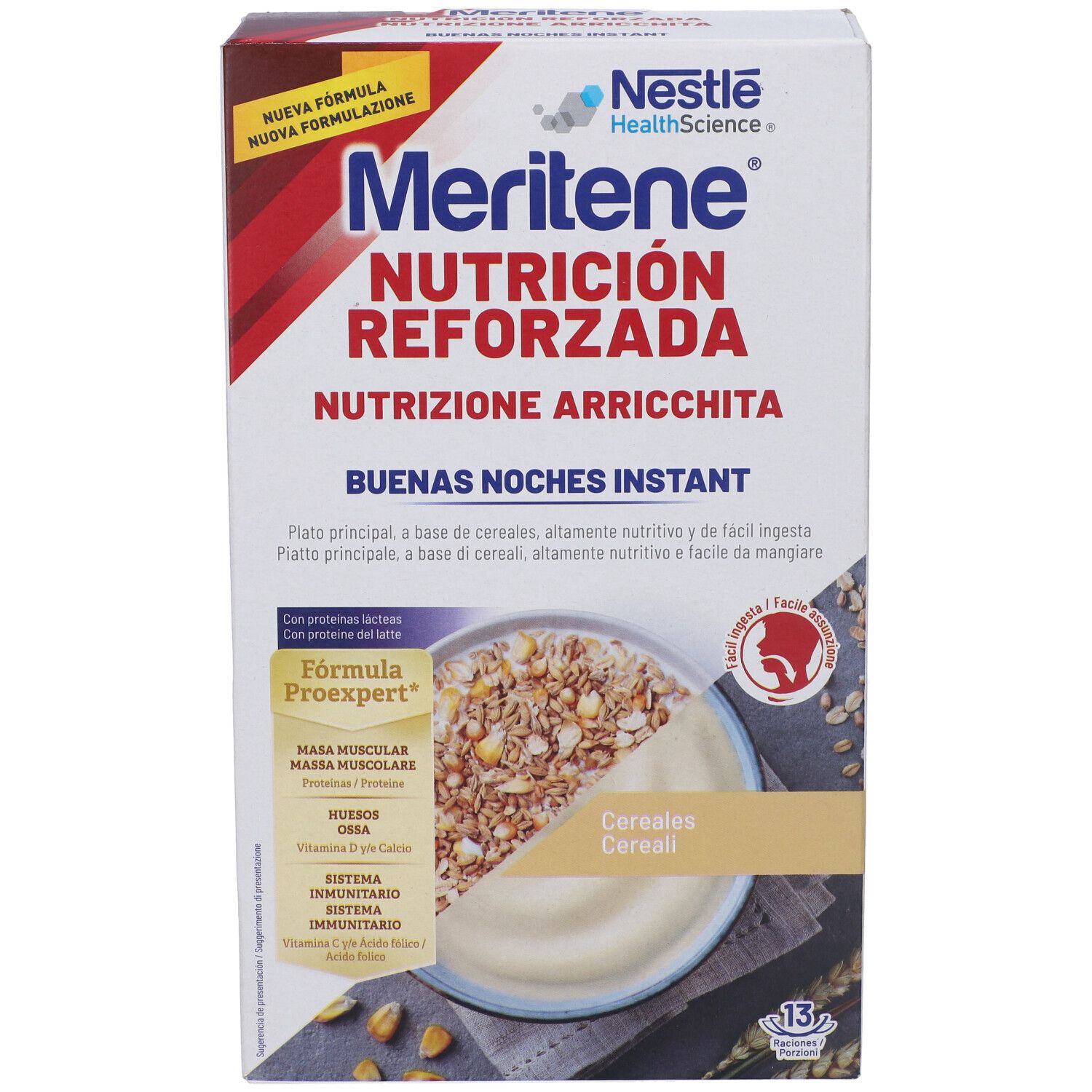 Confezione di MERITENE BUENAS NOCHES. Testo principale: Nutrición Reforzada, Buenas Noches Instant. Immagine di cereali in una ciotola.