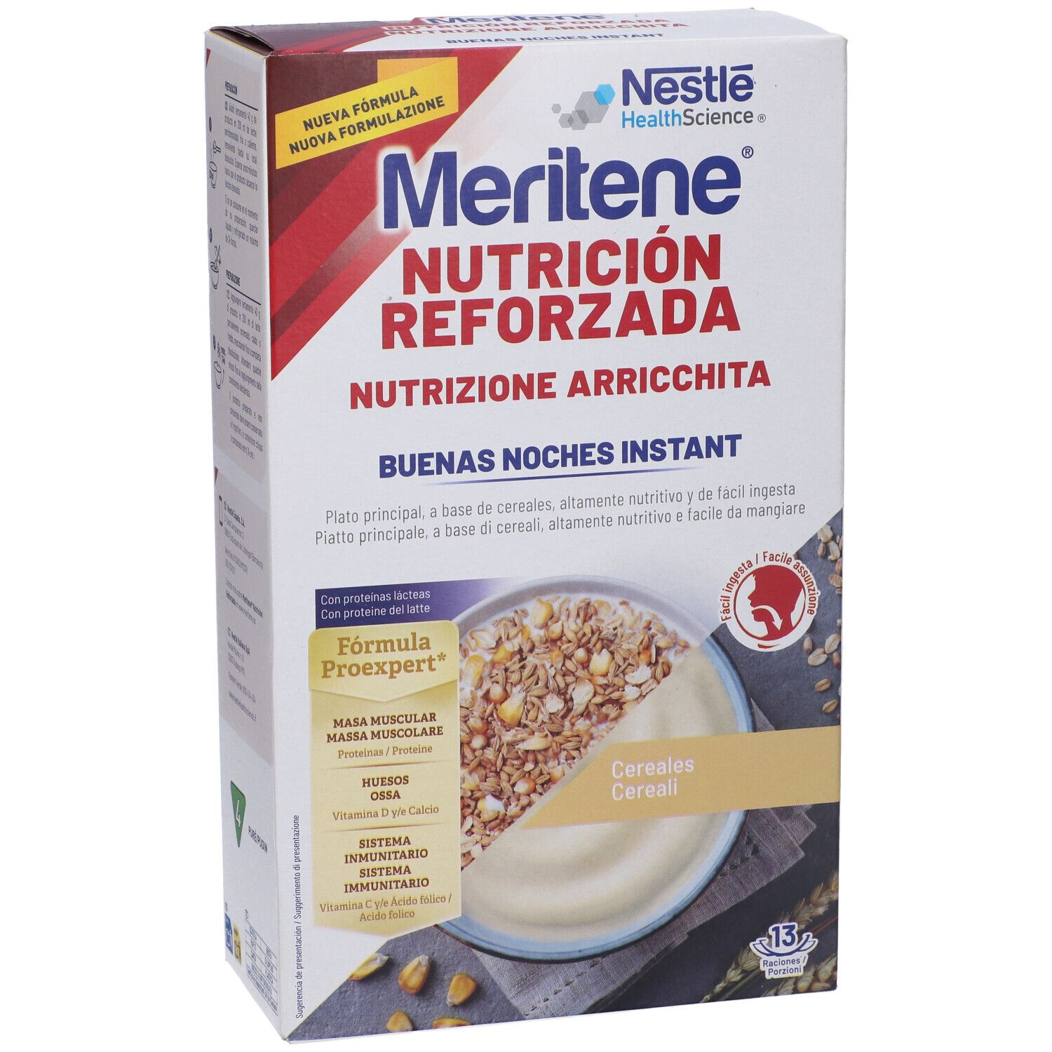 Confezione di MERITENE BUENAS NOCHES. Testo principale: Nutrición Reforzada, Buenas Noches Instant. Immagine di cereali in una ciotola.