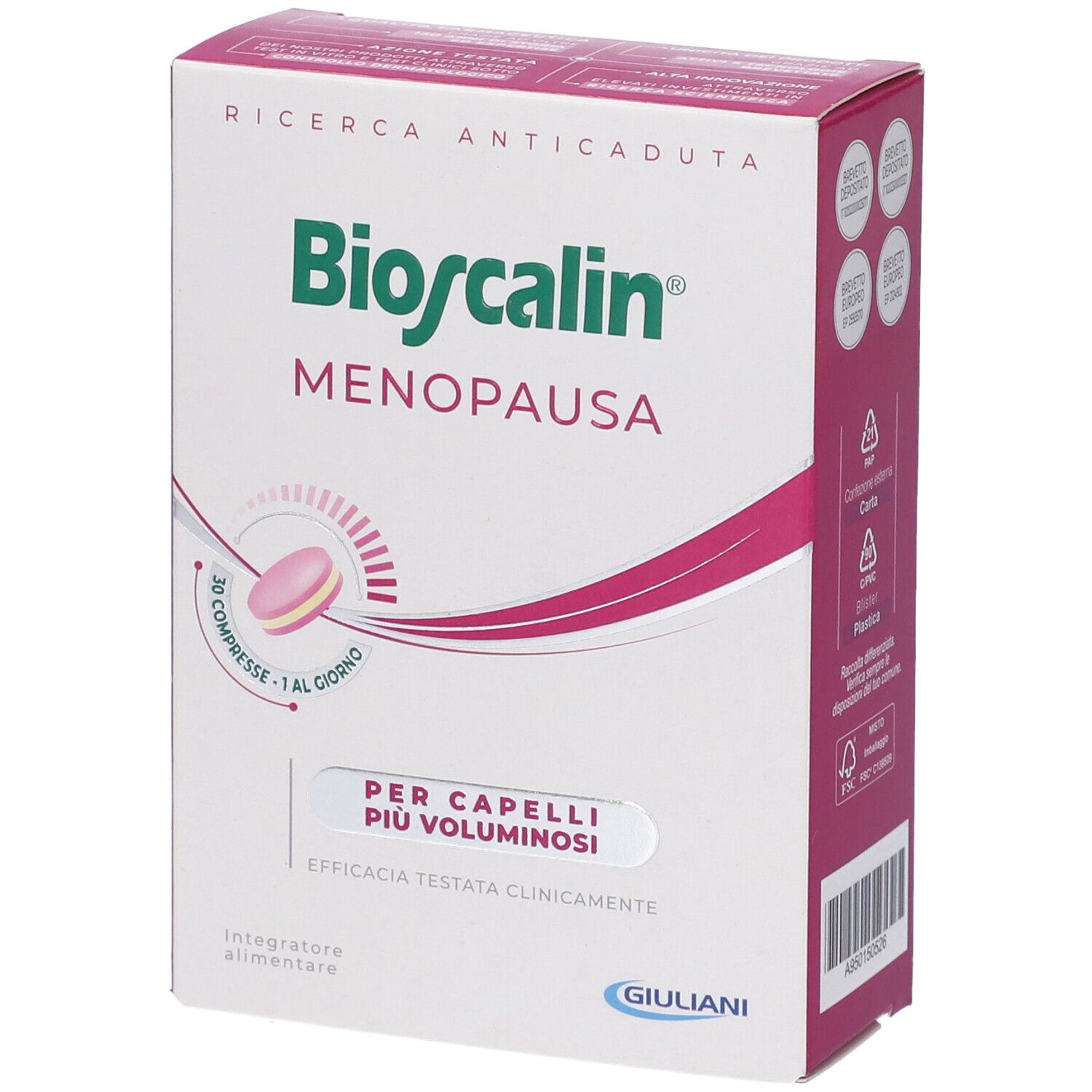 Confezione Bioscalin Menopausa, angolata. Confezione rosa e bianca. Contiene 30 compresse. Logo Giuliani. Per capelli più voluminosi.