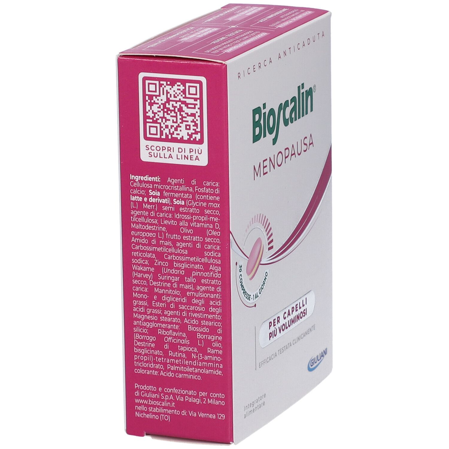 Lato della confezione Bioscalin Menopausa. Testo su ingredienti e produttore. Codice QR. Logo Giuliani. Rosa e bianco.
