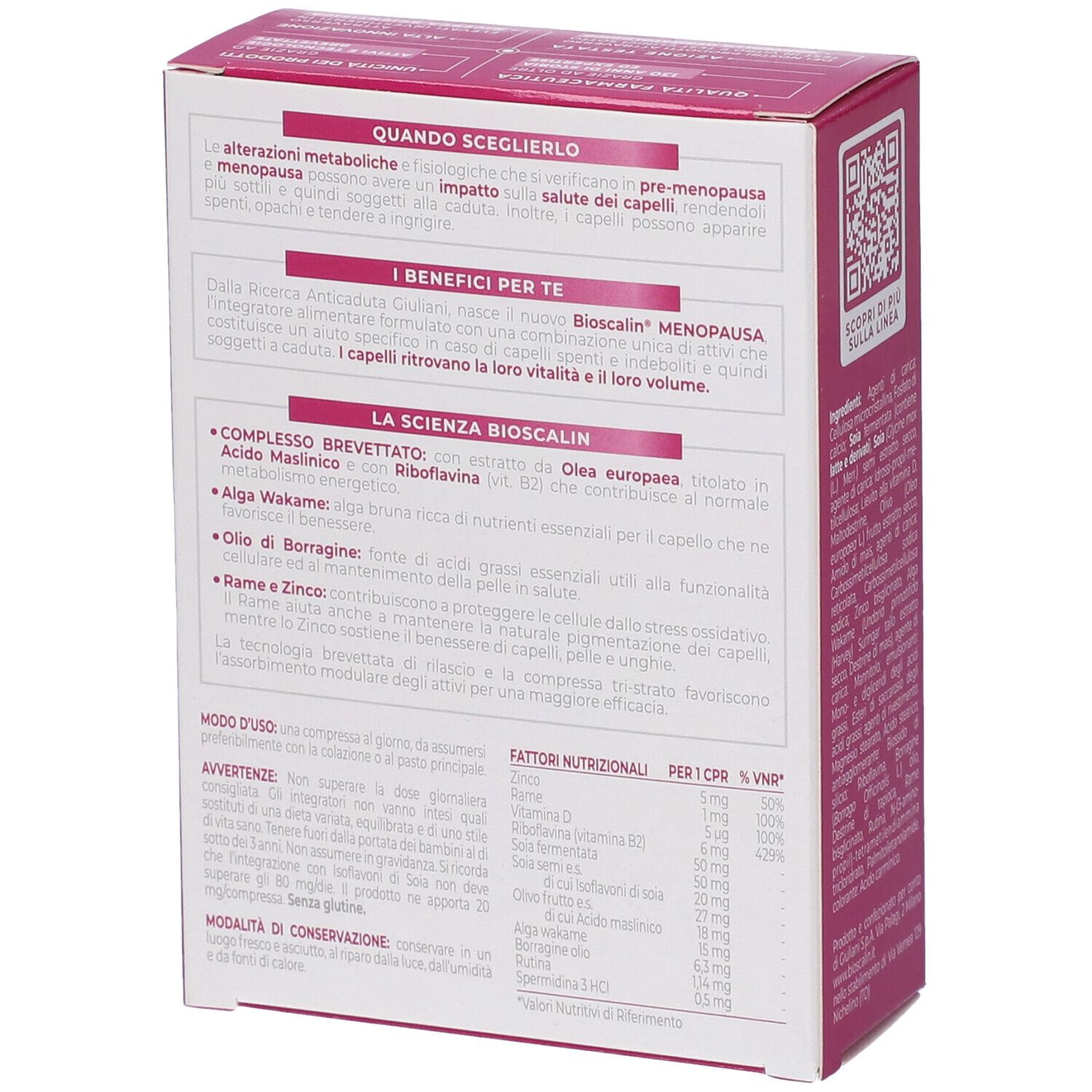 Retro della confezione Bioscalin Menopausa. Testo su ingredienti, uso e informazioni nutrizionali. Logo Giuliani.