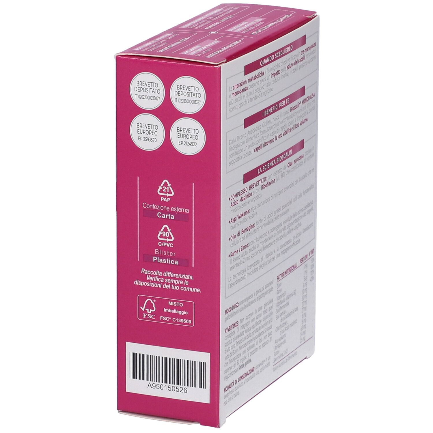 Lato della confezione Bioscalin Menopausa. Informazioni sullo smaltimento e certificazioni. Logo Giuliani. Rosa e bianco.