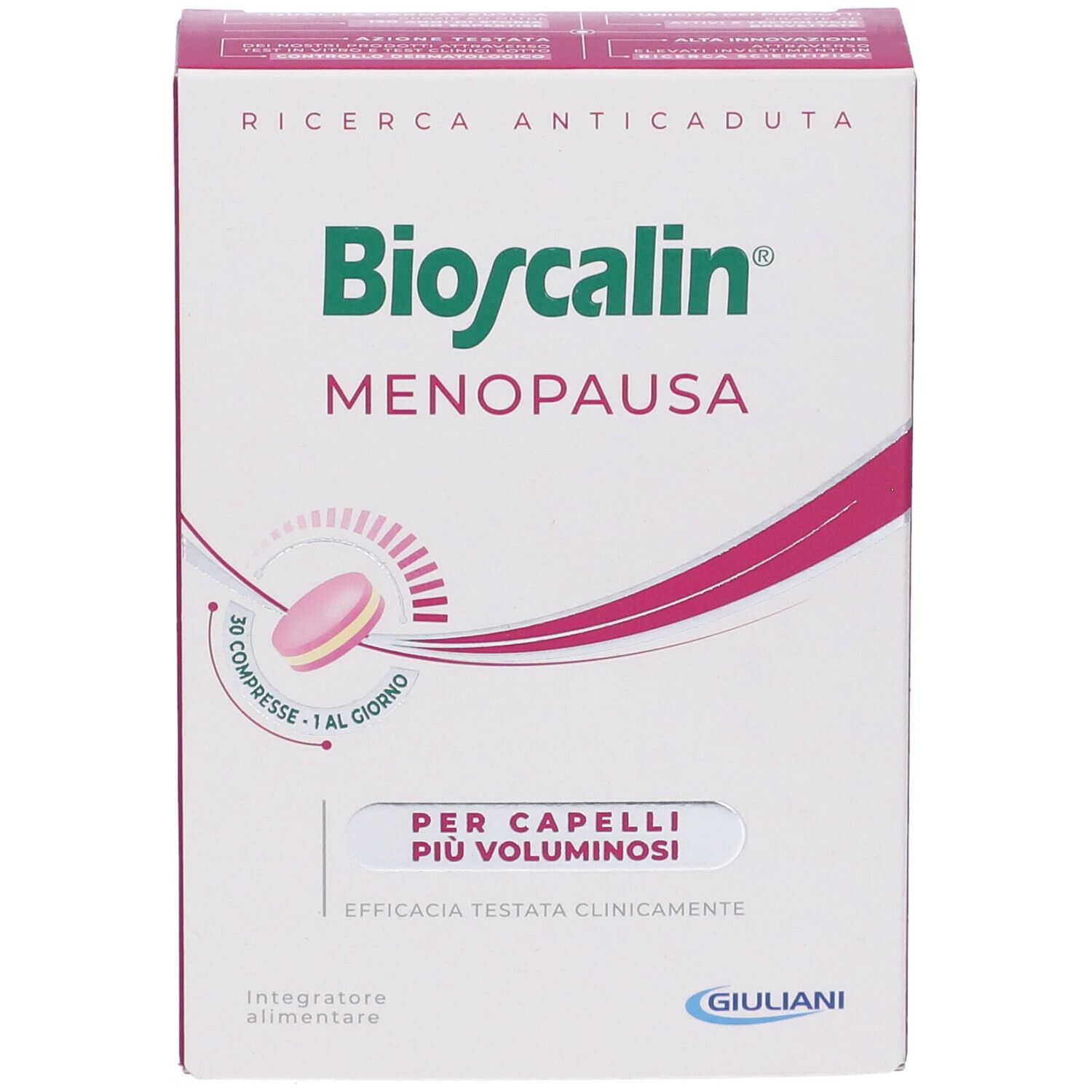 Confezione Bioscalin Menopausa. Contiene 30 compresse. Per capelli più voluminosi. Logo Giuliani. Confezione rosa e bianca.