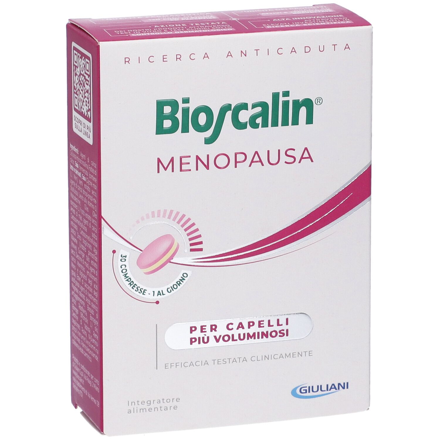 Confezione Bioscalin Menopausa. Contiene 30 compresse. Per capelli più voluminosi. Logo Giuliani. Confezione rosa e bianca.