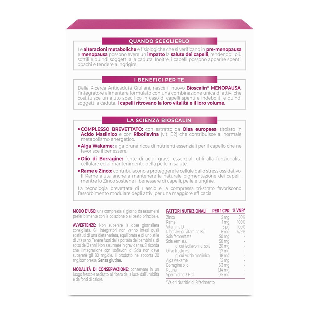 Retro della confezione Bioscalin Menopausa. Testo su ingredienti, uso e informazioni nutrizionali. Logo Giuliani.